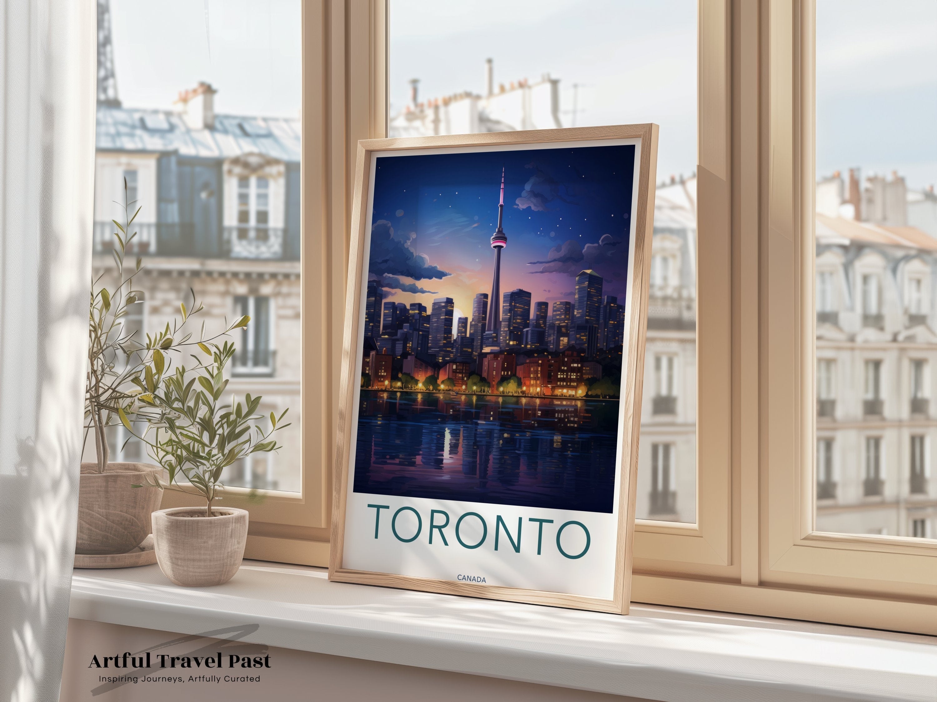 Toronto Cityscape Skyline, CN Tower, Night View, Urban Landscape, City Lights, Reflective Water, Wall Art Print, Canada Decor