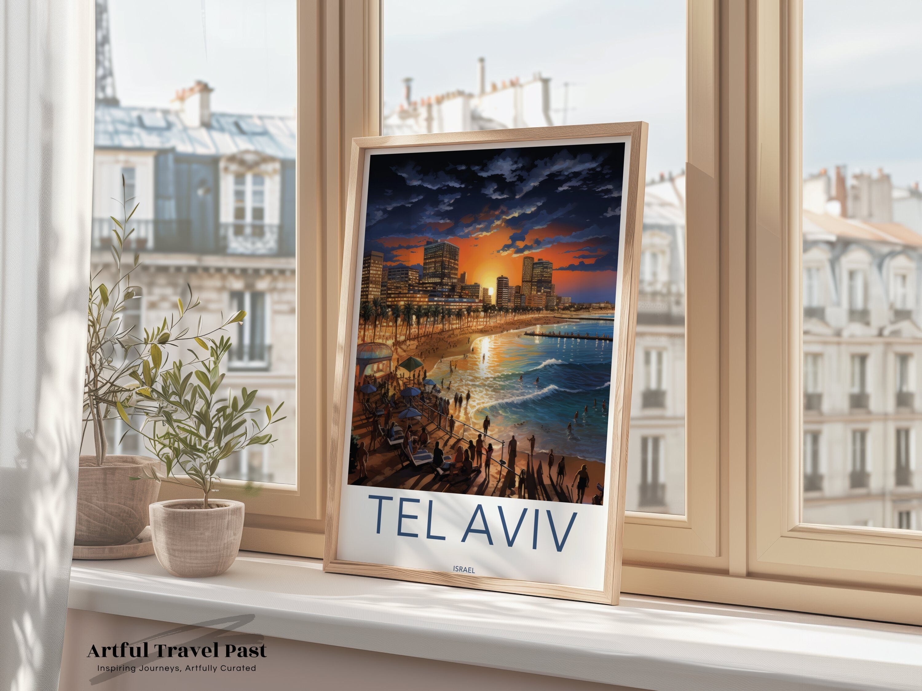 Tel Aviv Wall Art Print, Vintage Travel Poster, Cityscape Artwork, Israel Coastal Decor, Sunset Beach Scene, Modern Home Decor