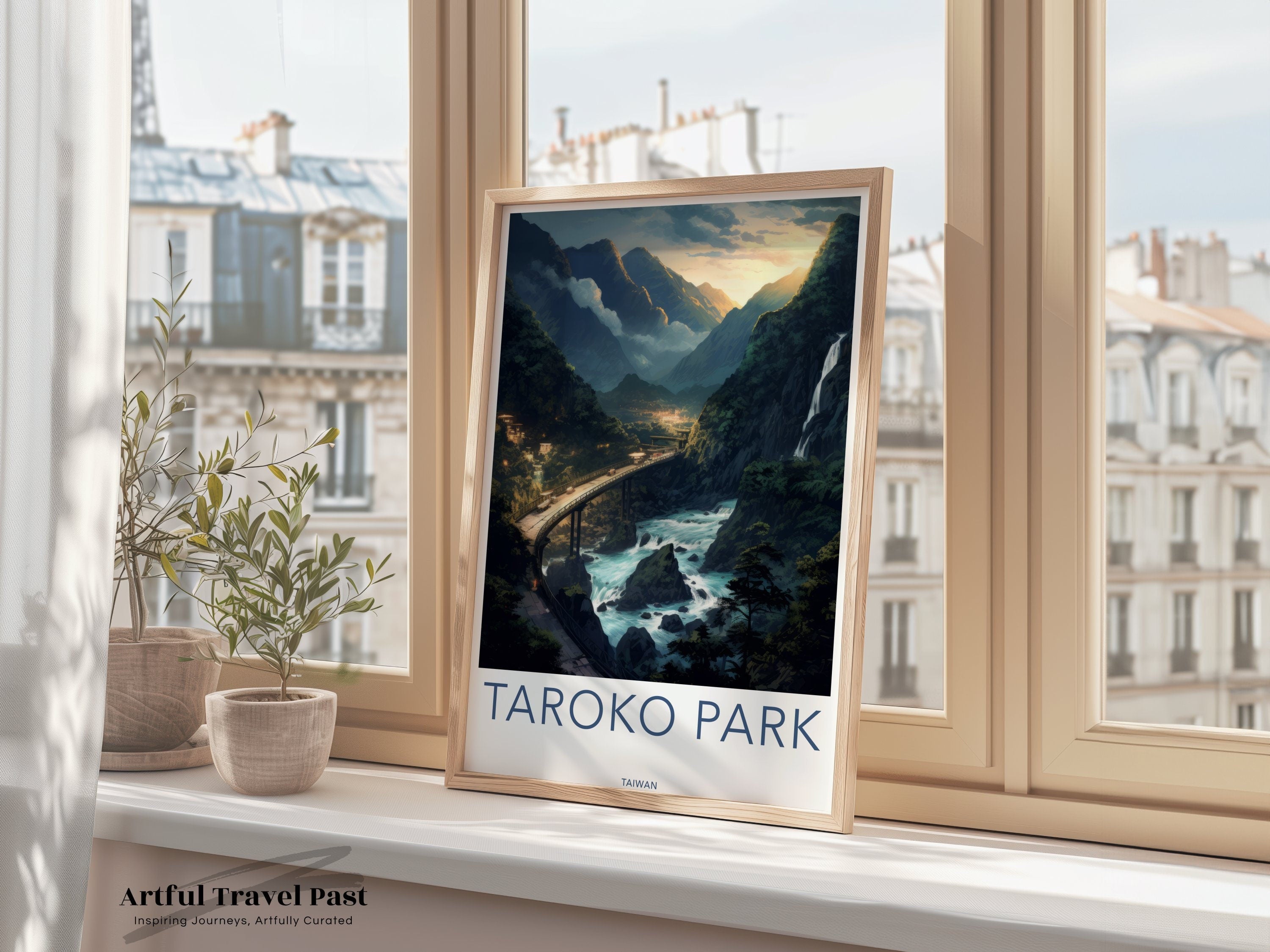 Taroko Park Wall Art Print, Scenic Landscape Artwork, Taiwan Mountain River Illustration, Home Decor, Travel Inspired Decor