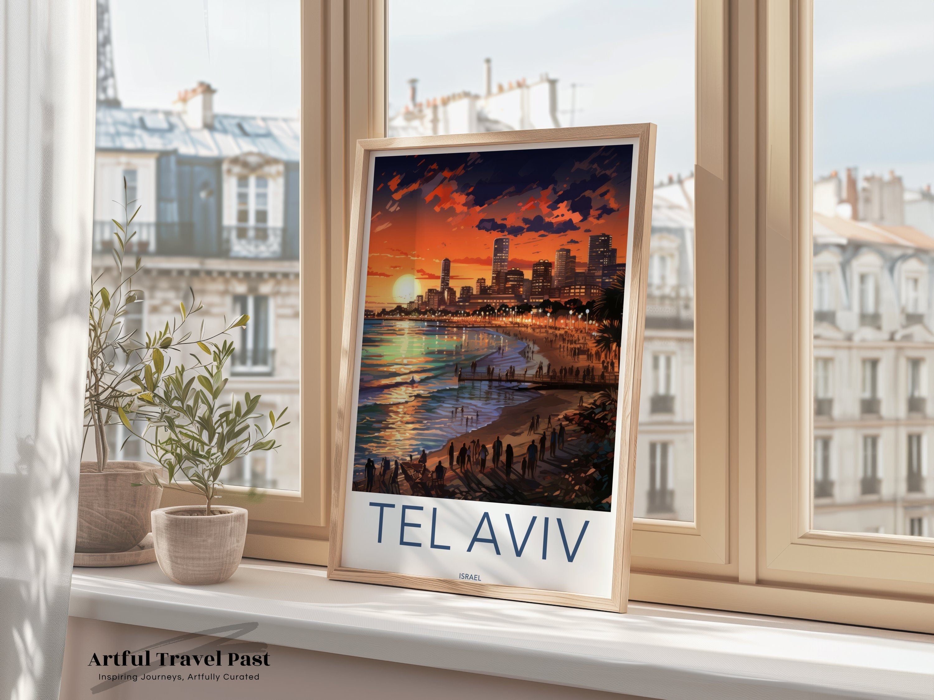 Tel Aviv Wall Art, Tel Aviv Cityscape Print, Sunset Beach Art, Coastal City Decor, Urban Skyline Poster, Vibrant Sunset Wall Art