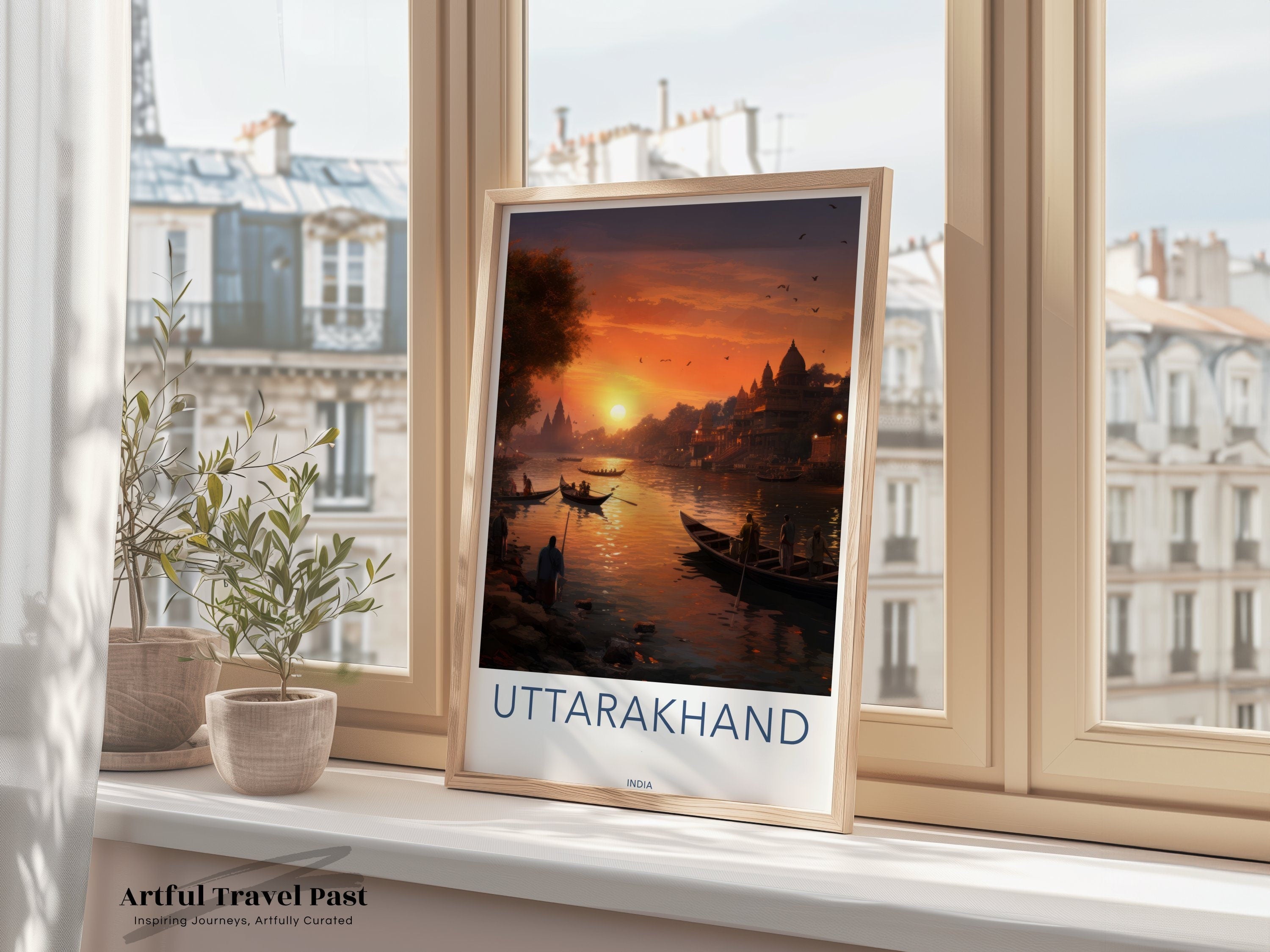 Uttarakhand Wall Art, Sunset Over River, Himalayan Landscape, Cultural Heritage, Architectural Wonders, Natural Beauty Art Print