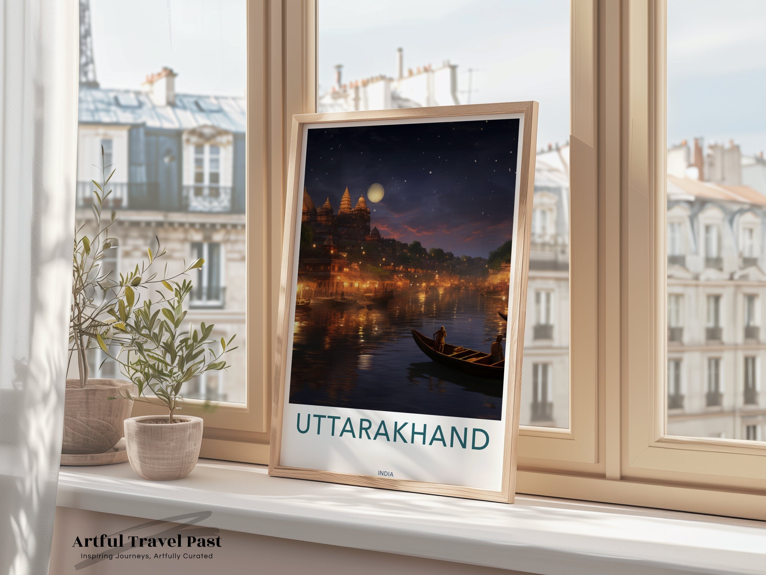 Uttarakhand Night Sky Wall Art, Moonlit River Scene, Mystical Indian Cityscape, Atmospheric Artwork, Cultural Landmark Decor