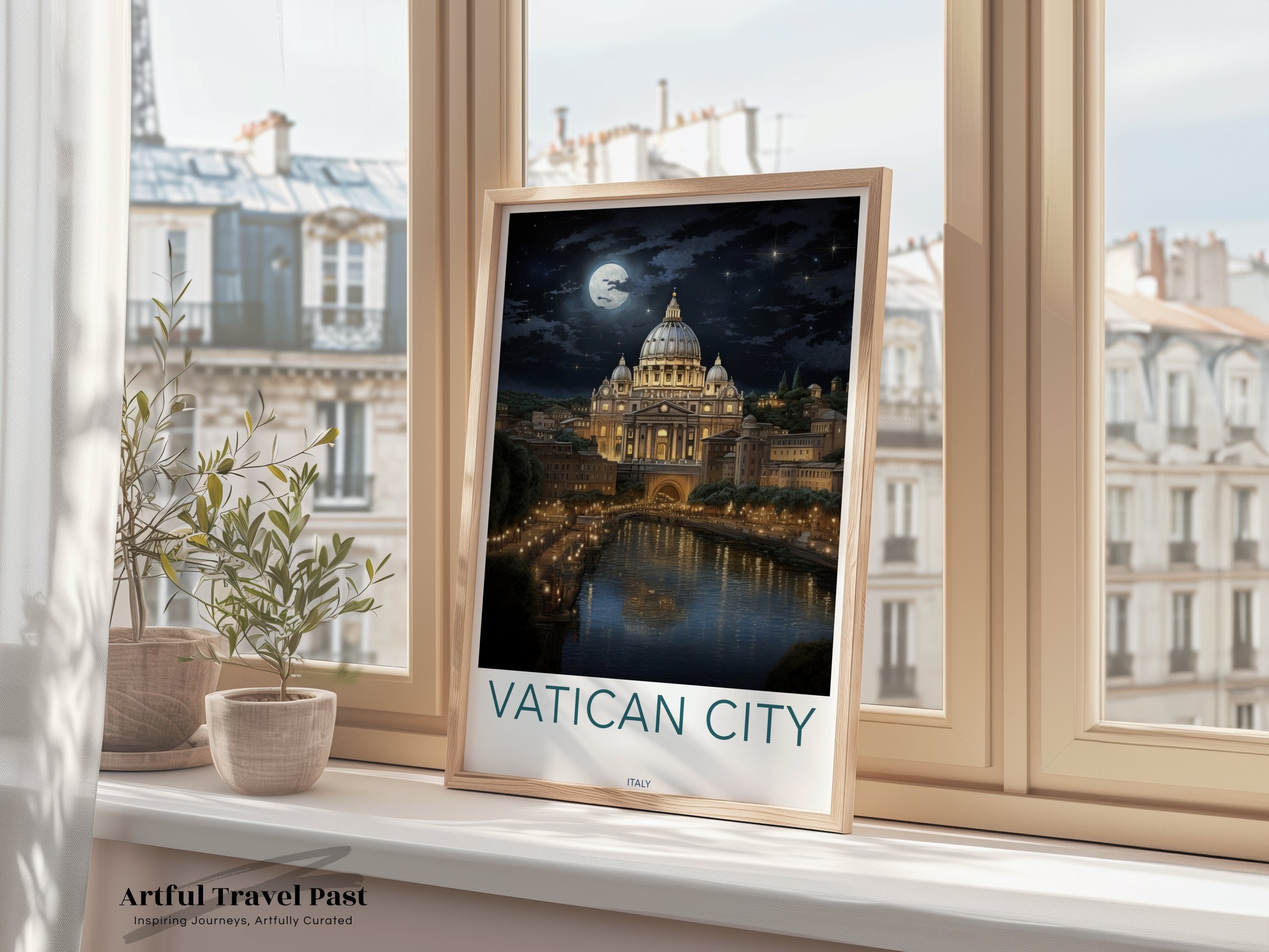 Vatican City Wall Art, Night Scenery, Moonlit St. Peter's Basilica, Historic Architecture, River View, Italian Landmark Print