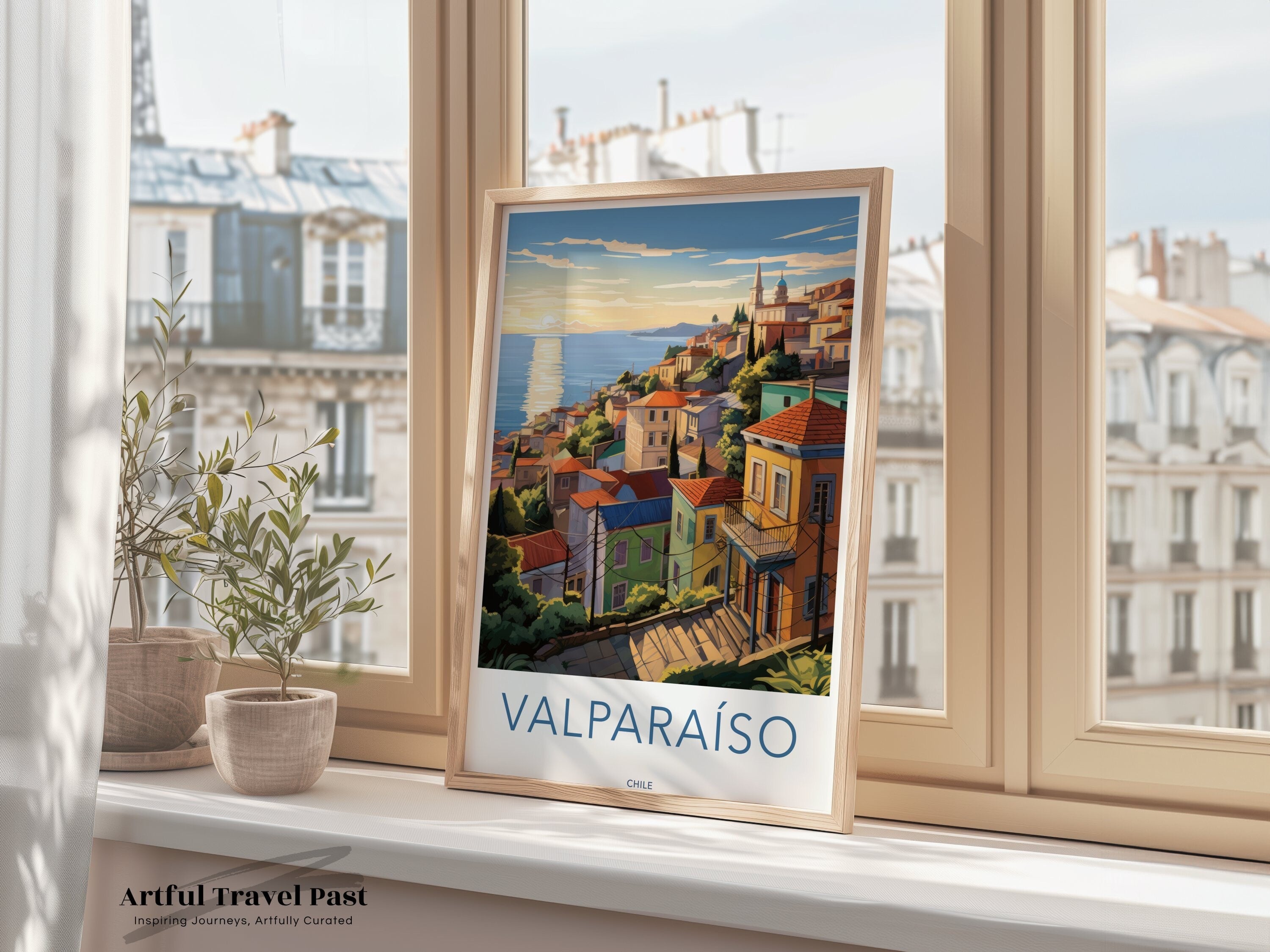 Valparaiso Wall Art, Sunset Coastal Cityscape Art Print, Colorful Houses Illustration, Chilean Seaside Decor, Latin America Poster