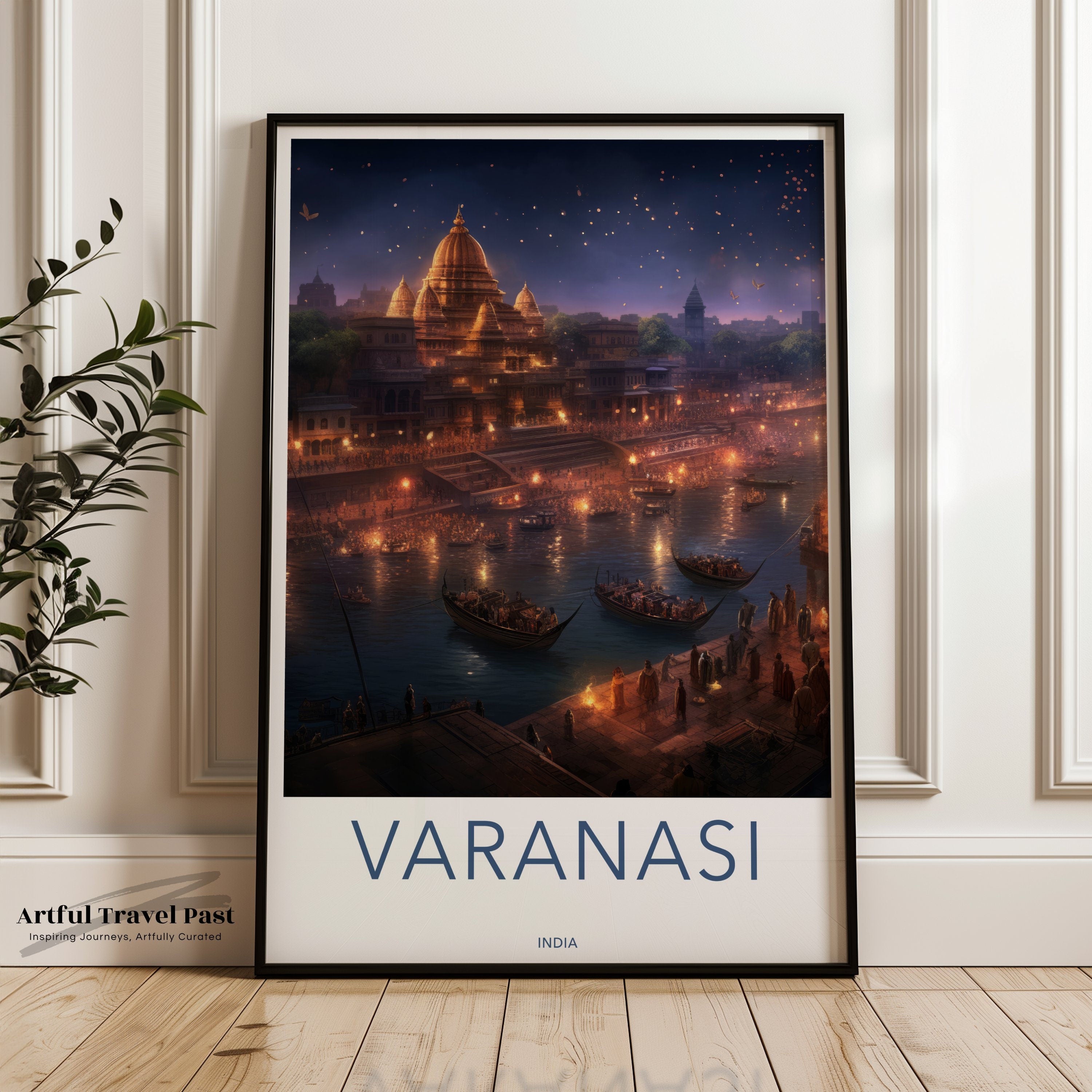 Varanasi Wall Art, Historic Indian City Print, Nighttime River Scene, Varanasi India Landmark Decor, Ganges River Artwork