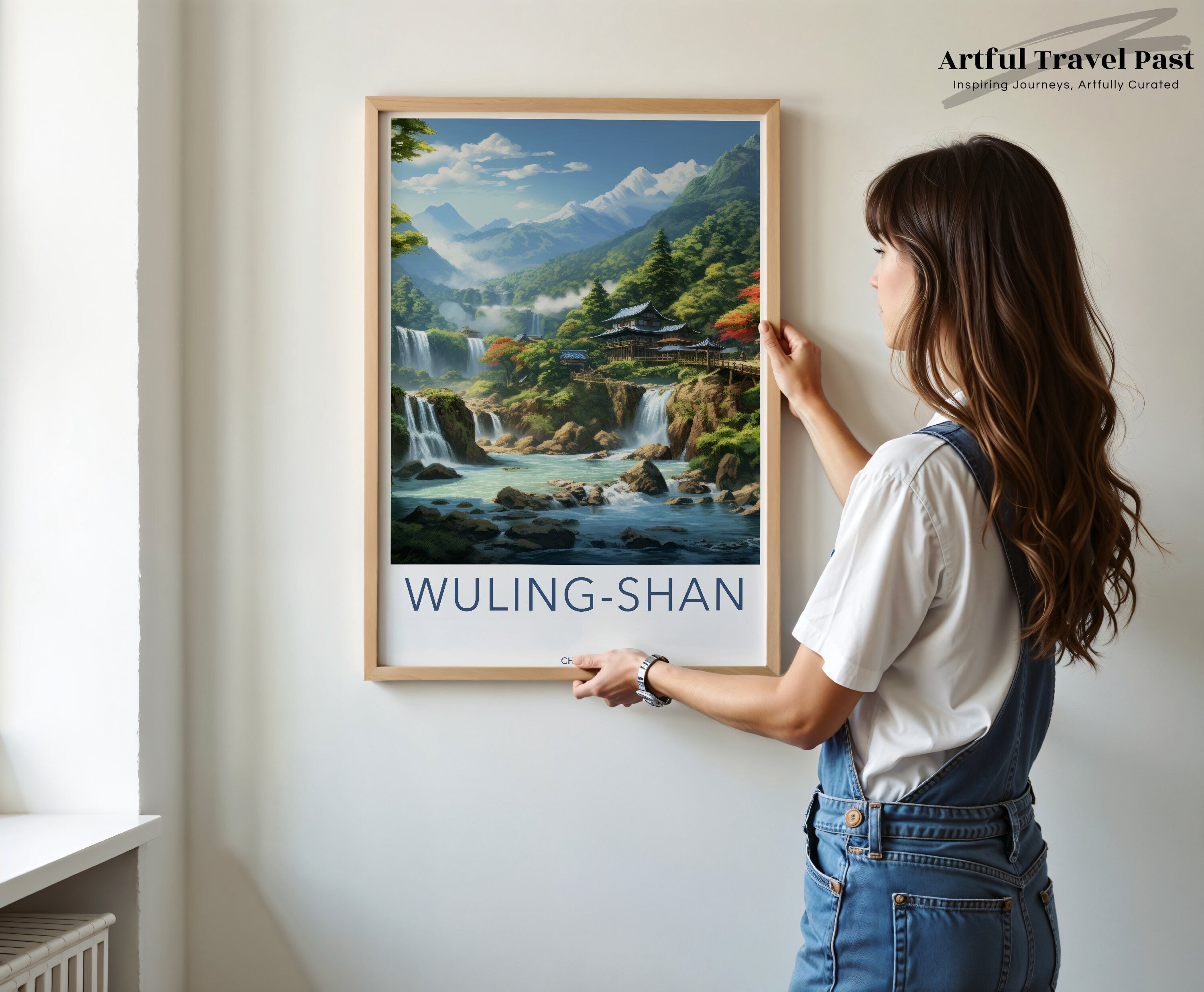 Wuling-Shan Wall Art, Scenic Chinese Mountain Landscape, Asian Inspired Home Decor, Nature Print, Waterfall Painting, Serene Wall Decor