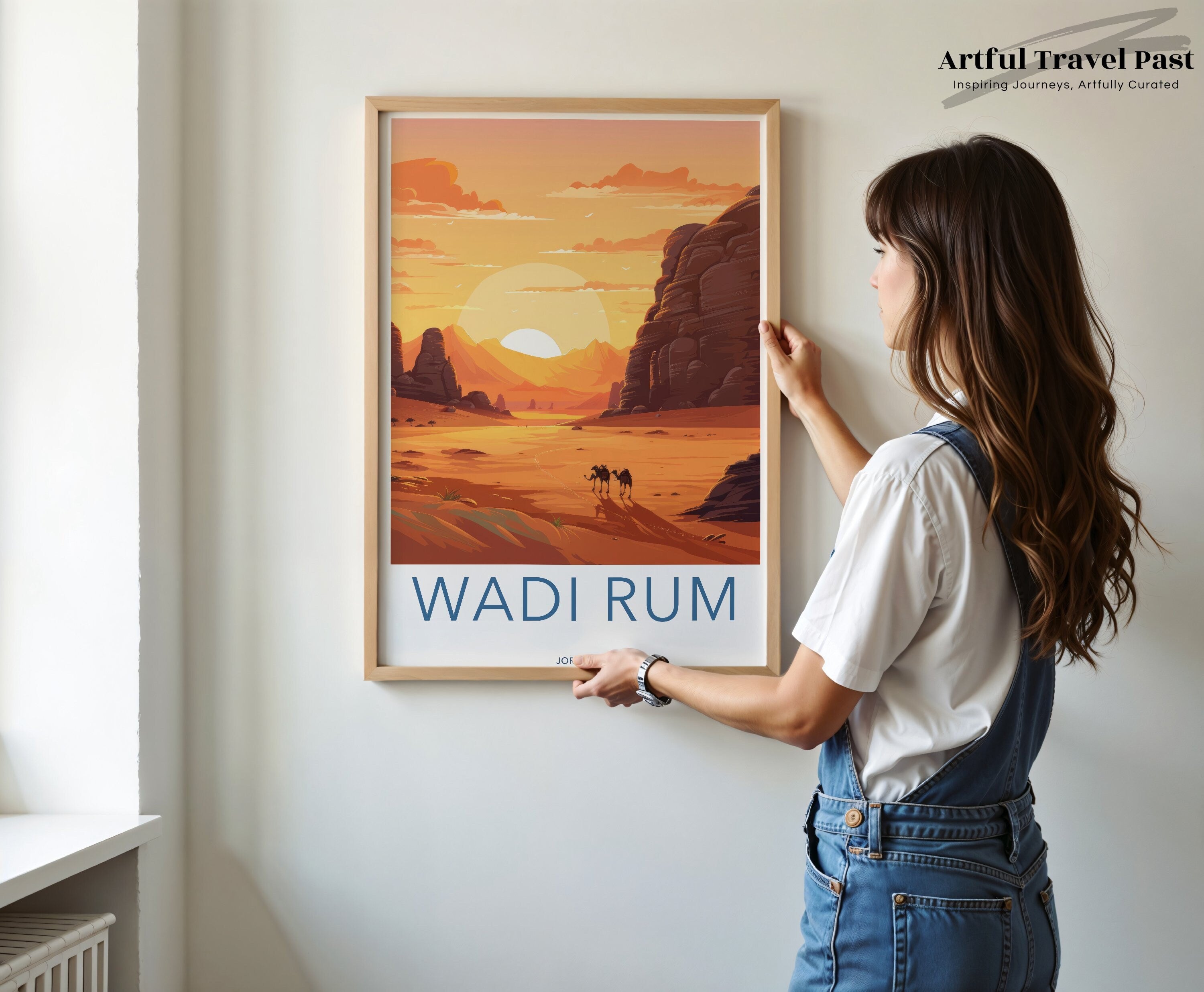 Wadi Rum Wall Art, Scenic Desert Landscape, Sunset Camel Scene, Boho Decor, Travel Poster, Vintage Style Artwork, Jordan Inspired Art