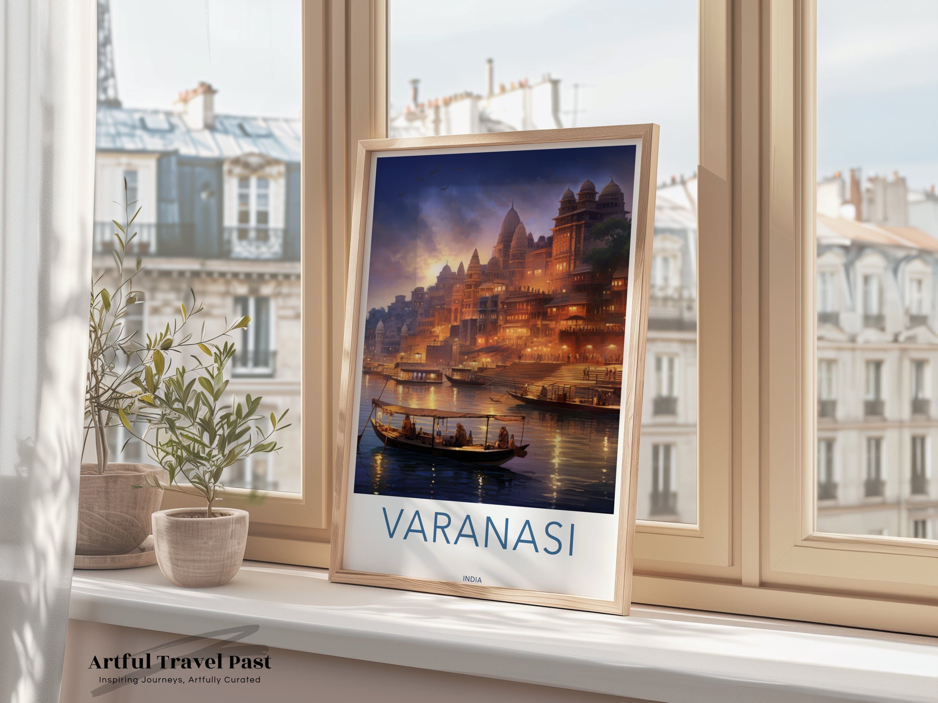 Varanasi Cityscape Wall Art, Sunset on Ganges, Ancient Temples Print, Indian Cultural Landmarks, Illuminated Waterfront Poster