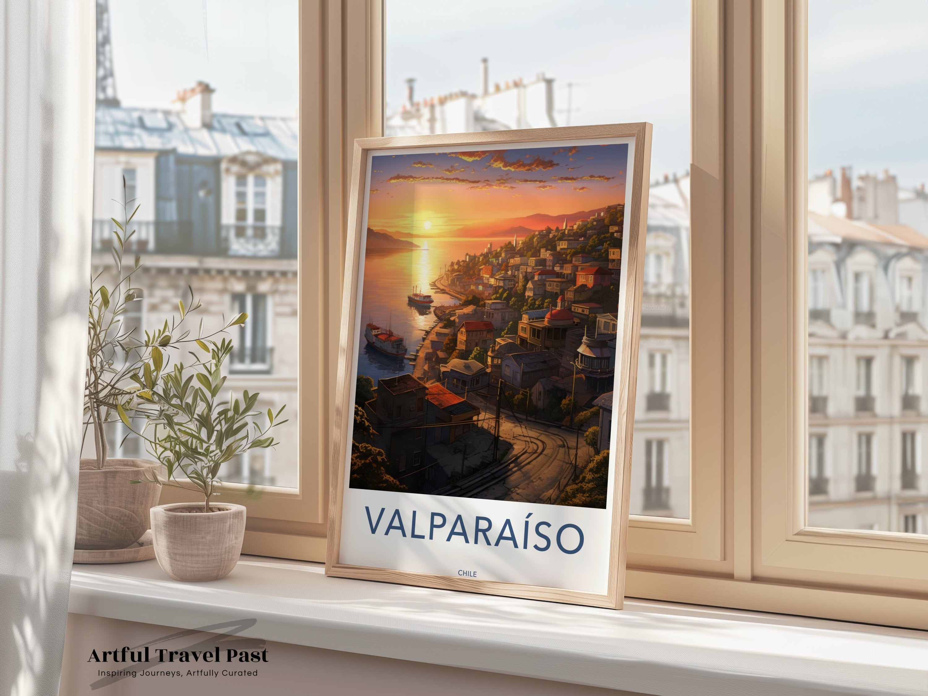 Valparaiso Chile Wall Art Print, Coastal Sunset Painting, South American Landscape Art, Vintage Travel Poster, Scenic City Artwork