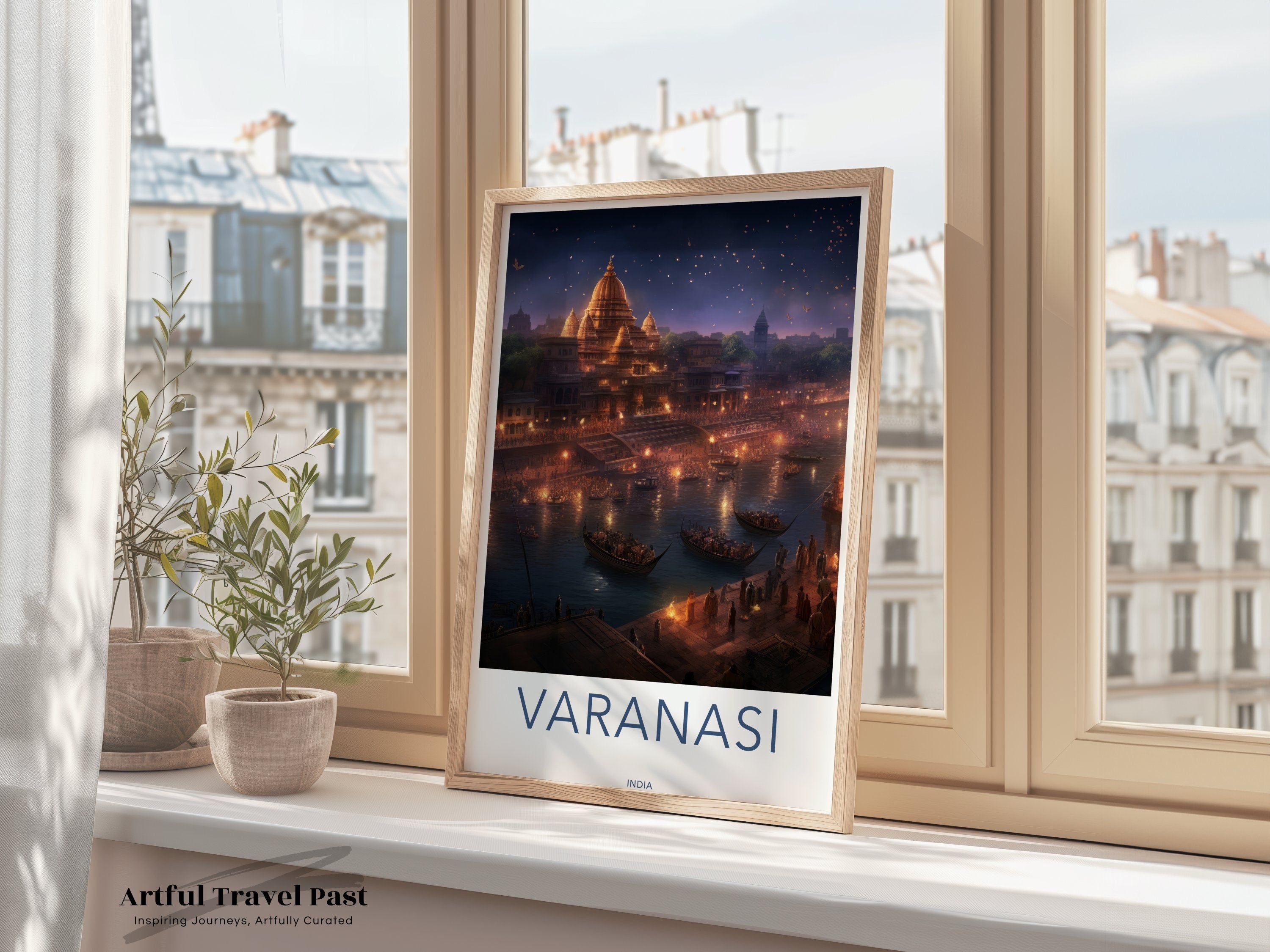 Varanasi Wall Art, Historic Indian City Print, Nighttime River Scene, Varanasi India Landmark Decor, Ganges River Artwork