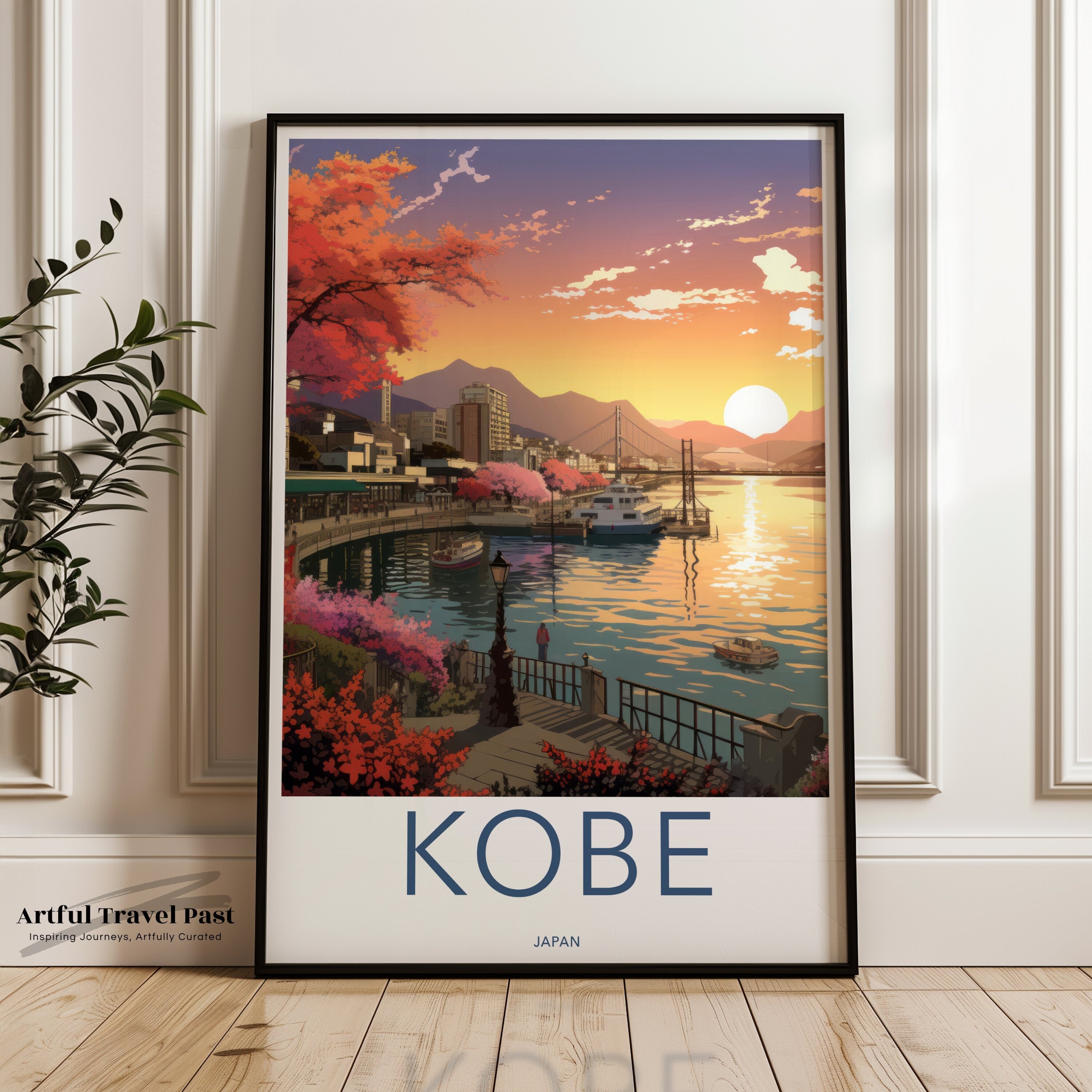 Kobe Japan Wall Art, Sunset Landscape Poster, Japanese Cityscape Print, Beautiful Sakura Blossoms, Serene Harbor View, Elegant Decor