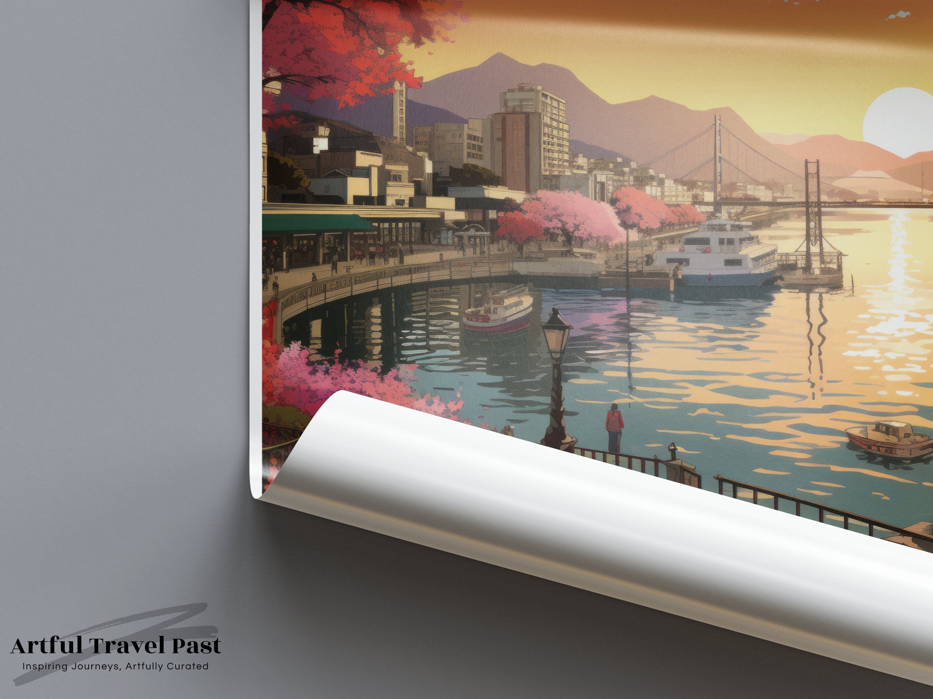 Kobe Japan Wall Art, Sunset Landscape Poster, Japanese Cityscape Print, Beautiful Sakura Blossoms, Serene Harbor View, Elegant Decor