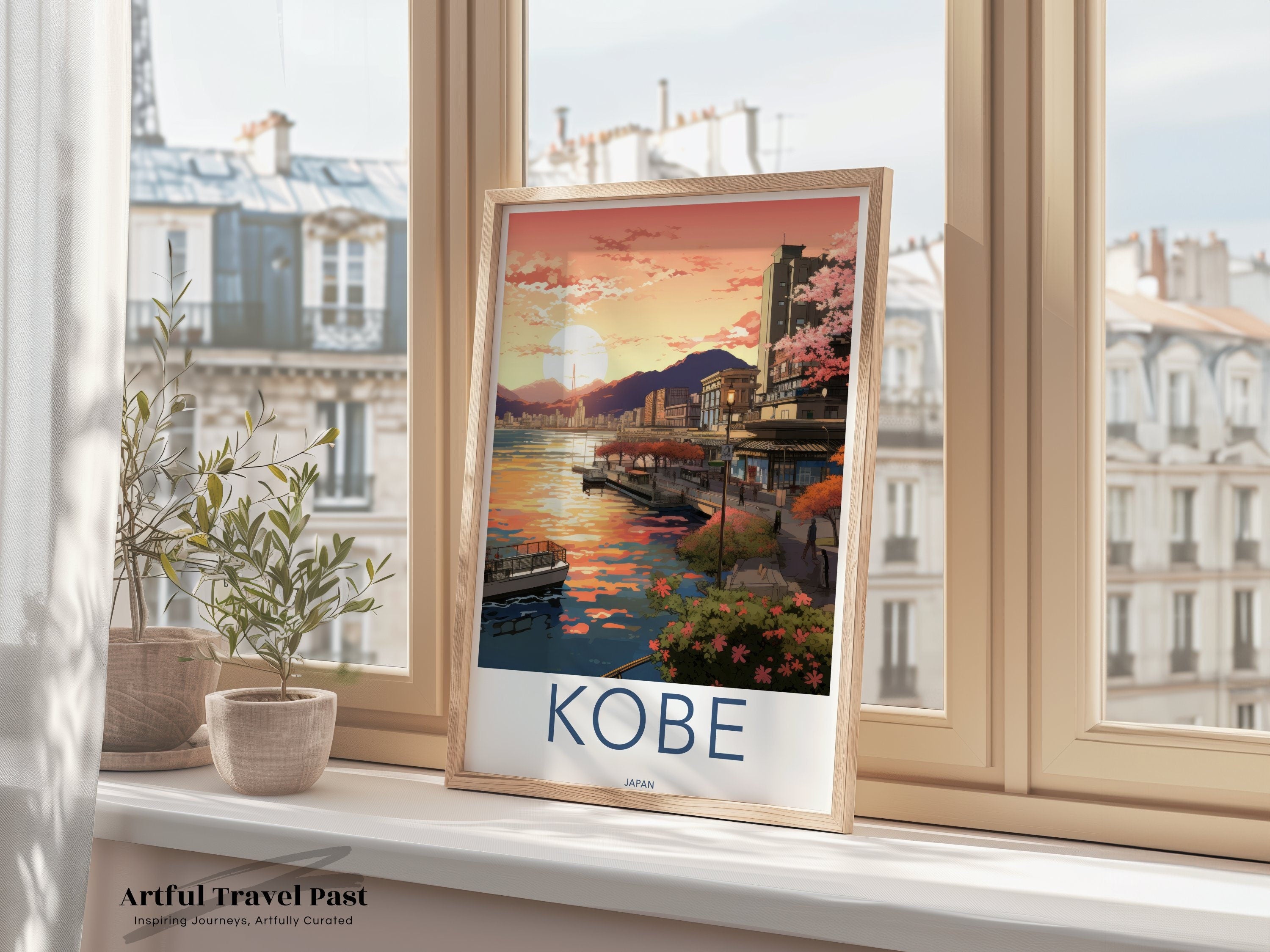 Kobe Sunset Wall Art, Kobe Cityscape Print, Japanese Coastal Decor, Scenic Art Print, Japan Travel Poster, Vibrant City Illustration