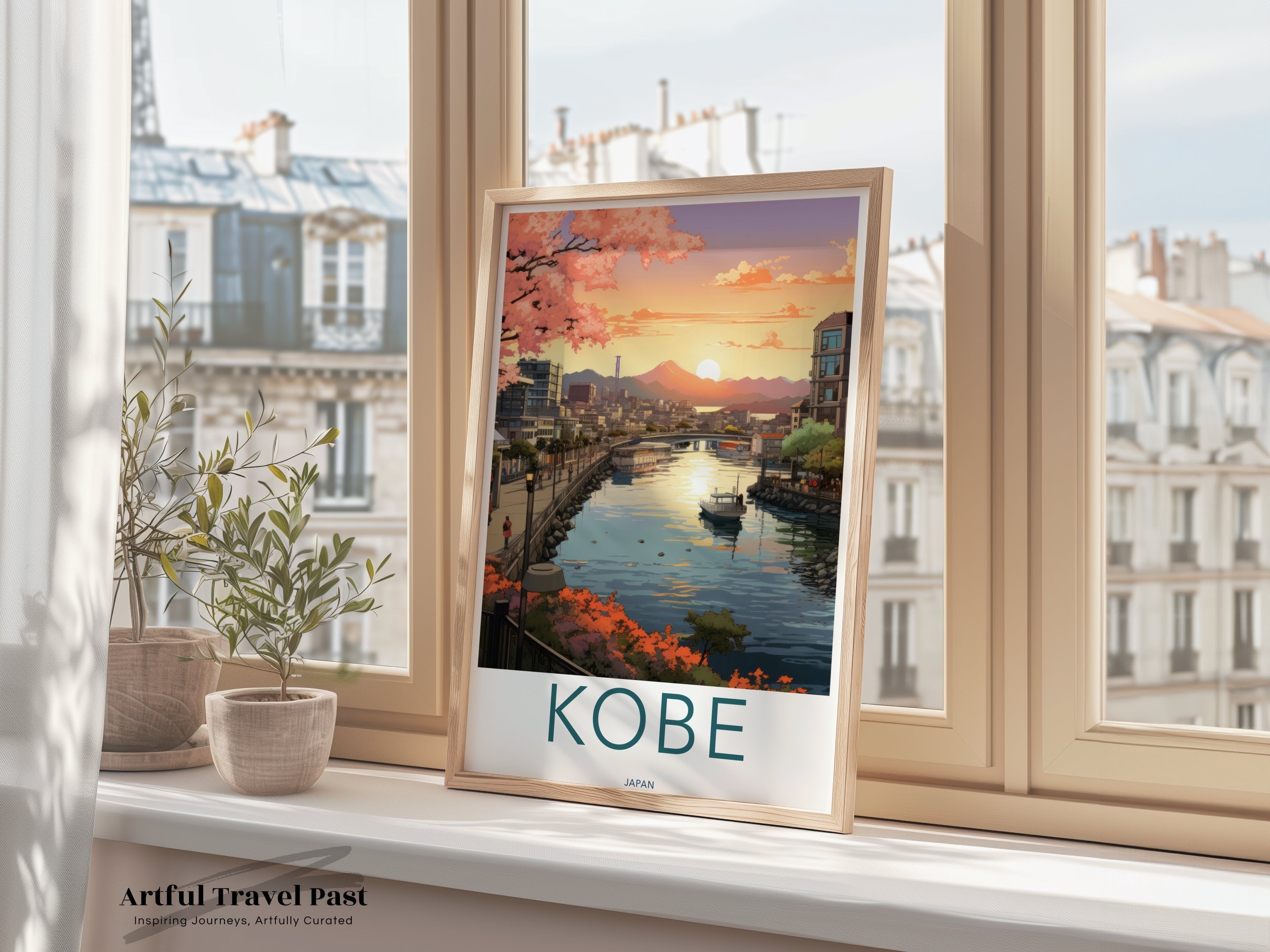 Kobe Japan Wall Art Print, Japanese Cityscape Illustration, Urban Sunset Decor, Modern Home Decor, Asian Travel Poster, Scenic Art