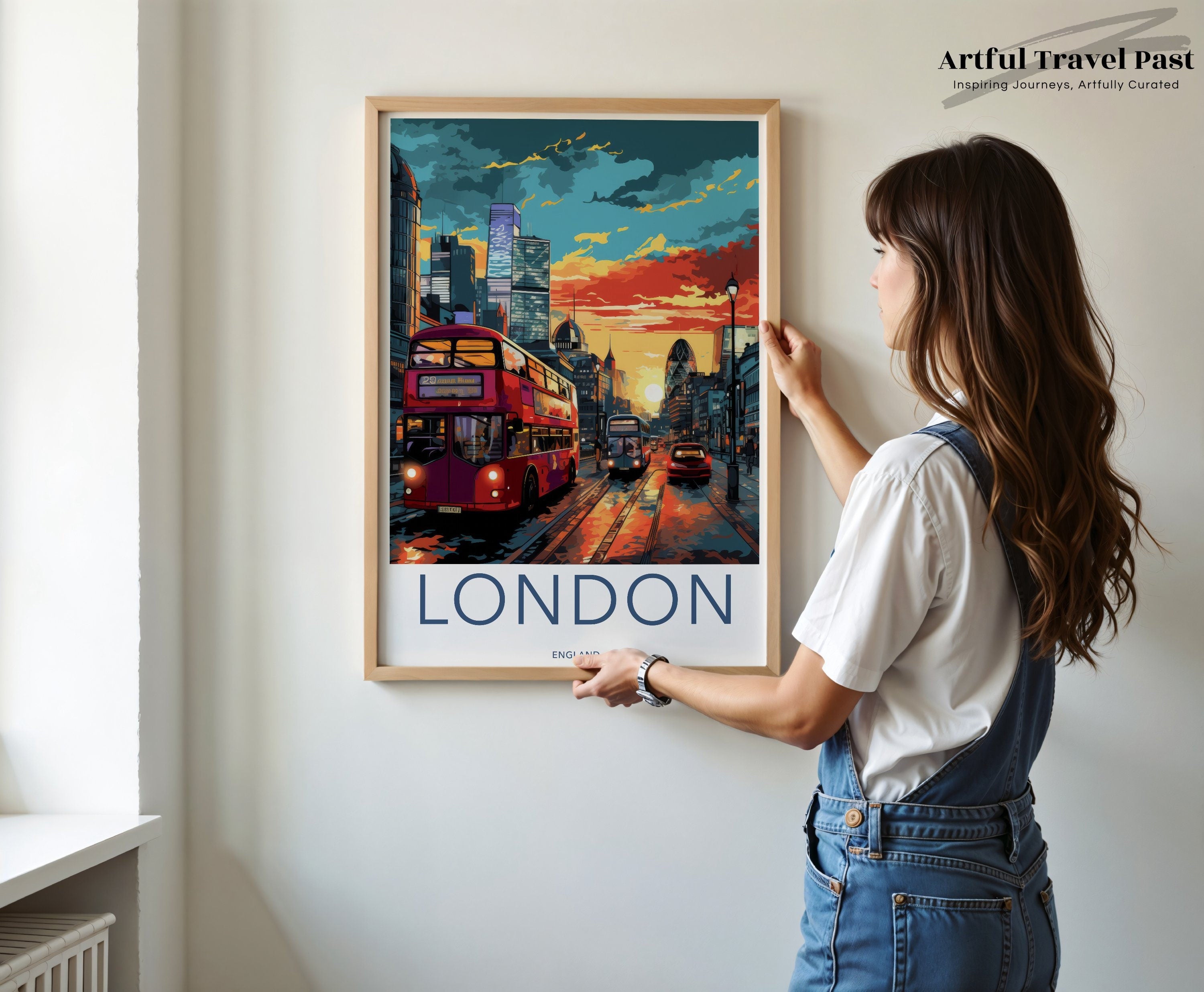 London Wall Art, Vintage Cityscape Poster, London Skyline Print, Red Bus Artwork, Urban Landscape, London Decor, Travel Souvenir