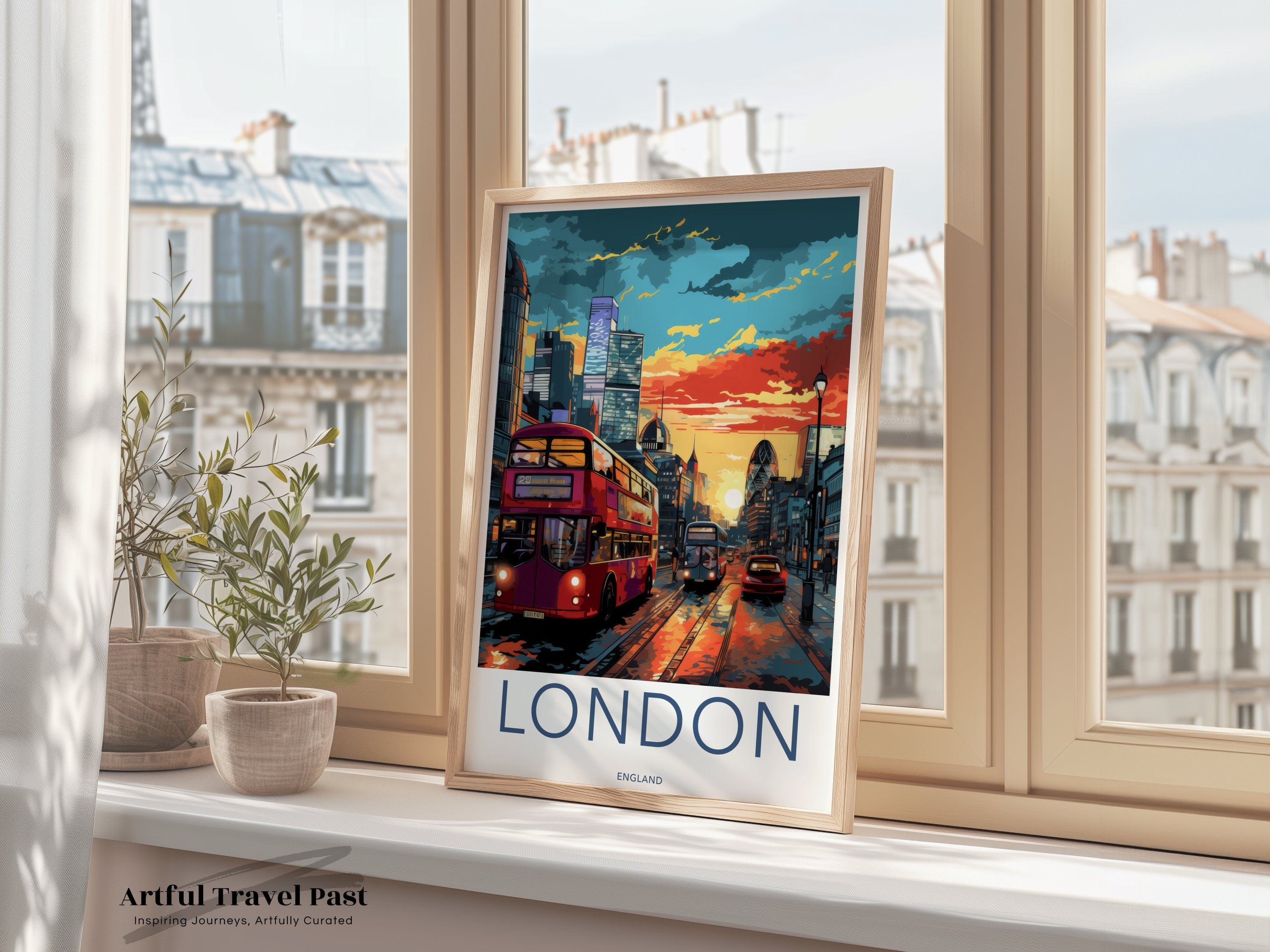 London Wall Art, Vintage Cityscape Poster, London Skyline Print, Red Bus Artwork, Urban Landscape, London Decor, Travel Souvenir