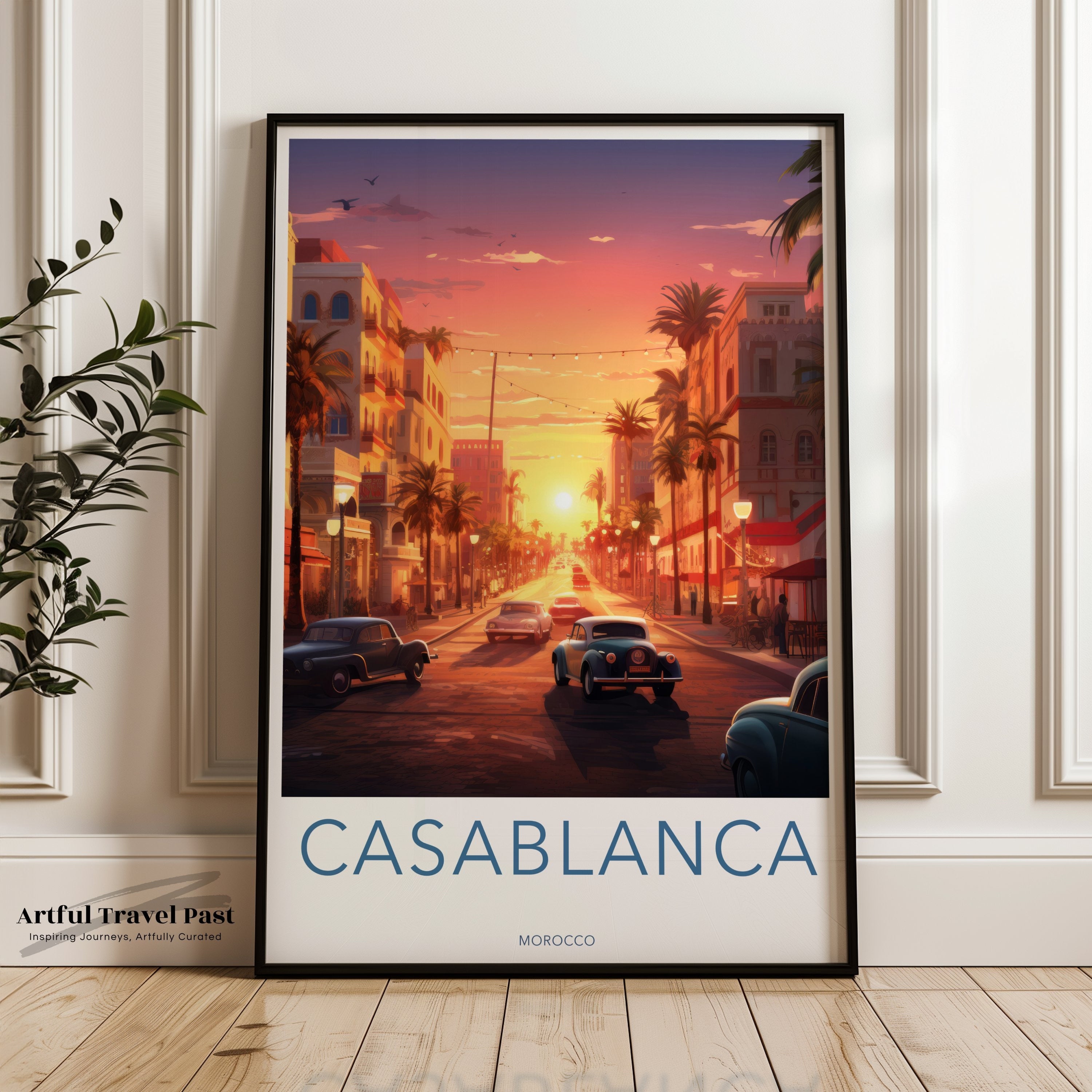 Casablanca Morocco Wall Art, Vintage Travel Poster, Architectural Print, Sunset Street Scene, Retro Decor for Home