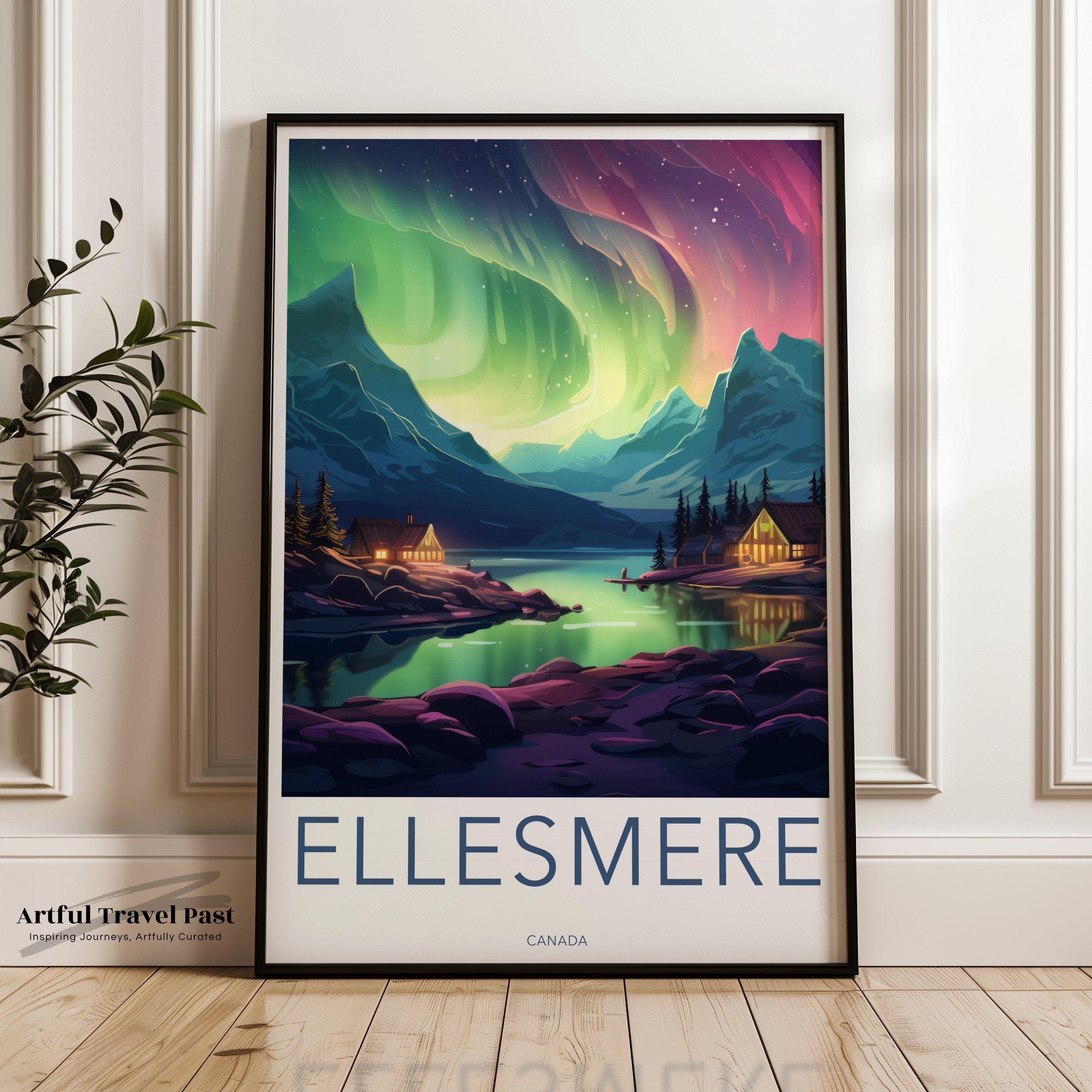 Northern Lights over Ellesmere, Lakeside Mountain View, Night Sky Art Print, Cozy Cabin Wall Decor, Scenic Landscape Poster Art