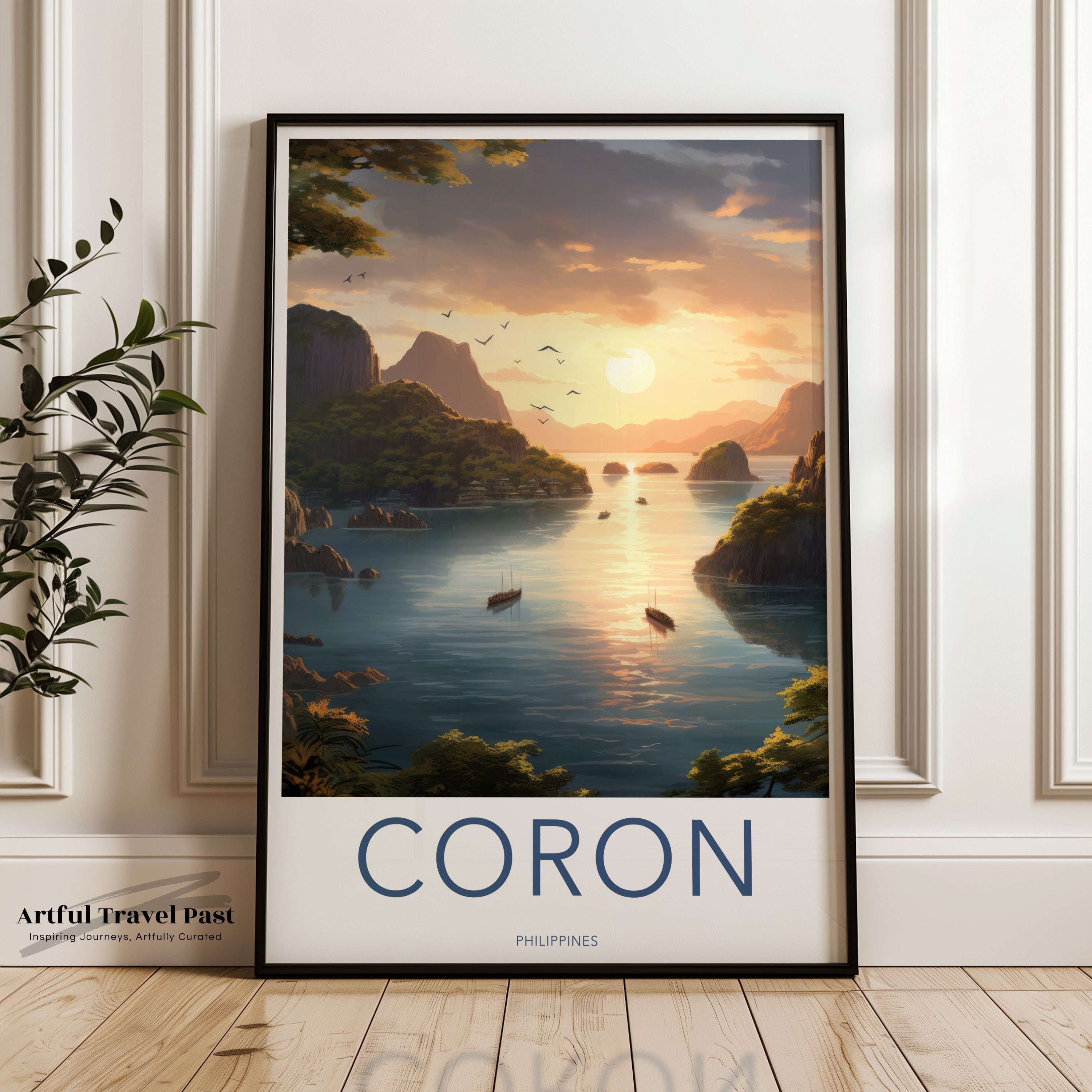 Serene Coastal Landscape Print, Coron Philippines Wall Art, Sunset Over Bay with Boats, Nature Scene, Travel Inspired Decor