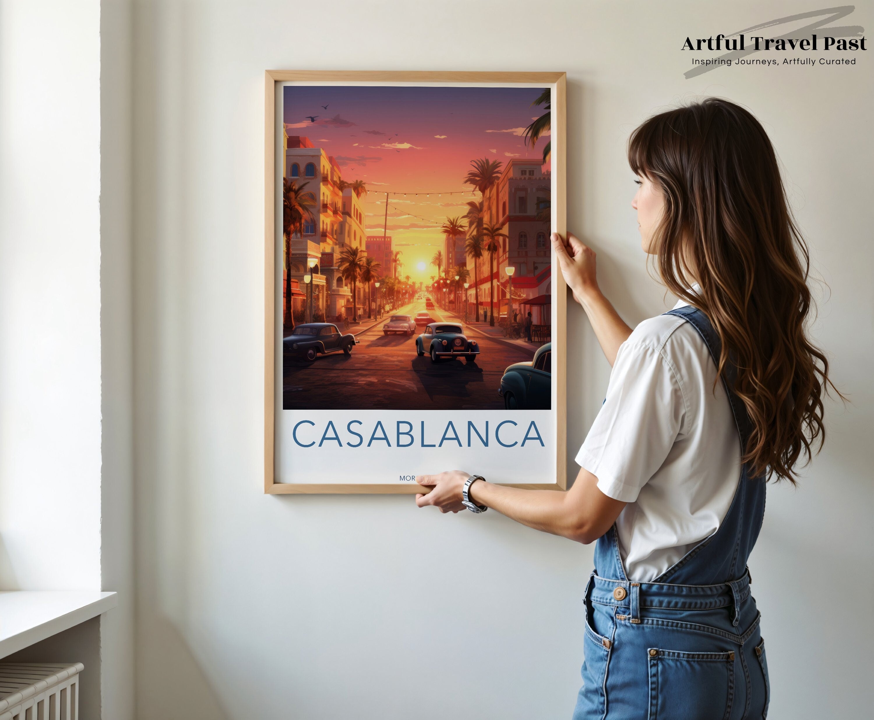 Casablanca Morocco Wall Art, Vintage Travel Poster, Architectural Print, Sunset Street Scene, Retro Decor for Home