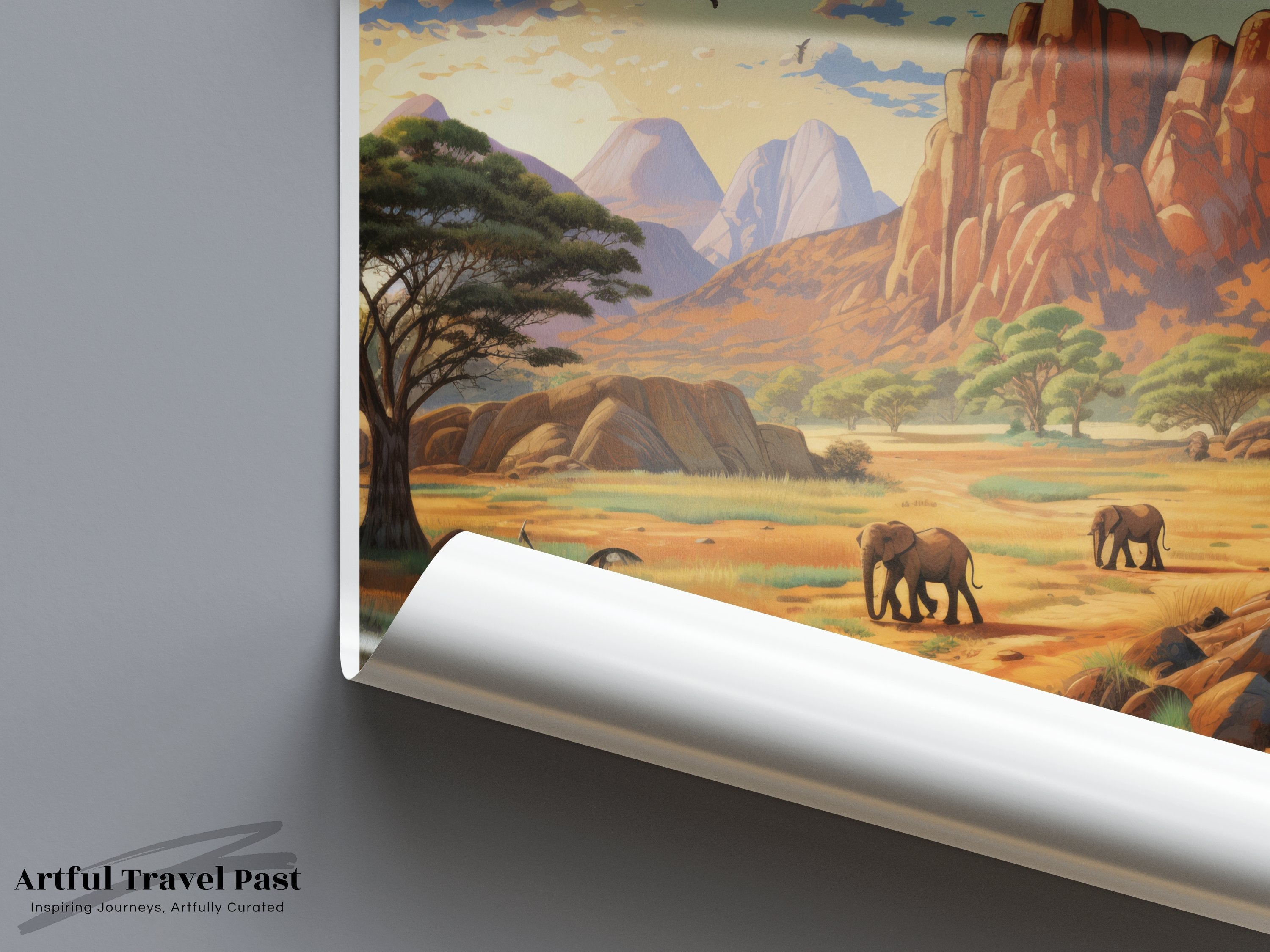 Damaraland Wall Art Print, Namibia Landscape Poster, African Wildlife Scenery, Elephant Herd Artwork, Nature Decor for Home