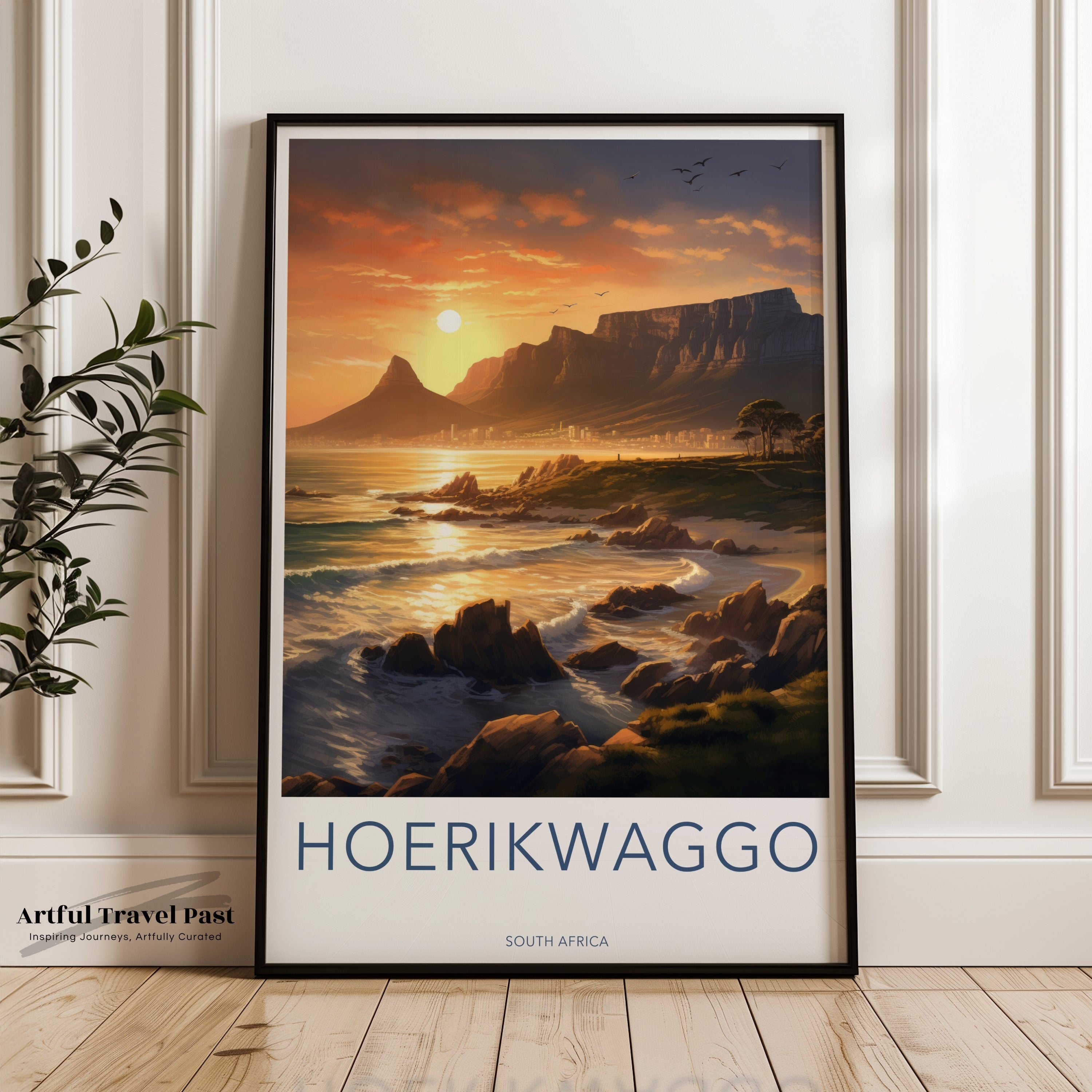 Scenic Hoerikwaggo Sunset Over Mountains and Ocean, South Africa Wall Art, Serene Landscape Print for Home or Office Decor