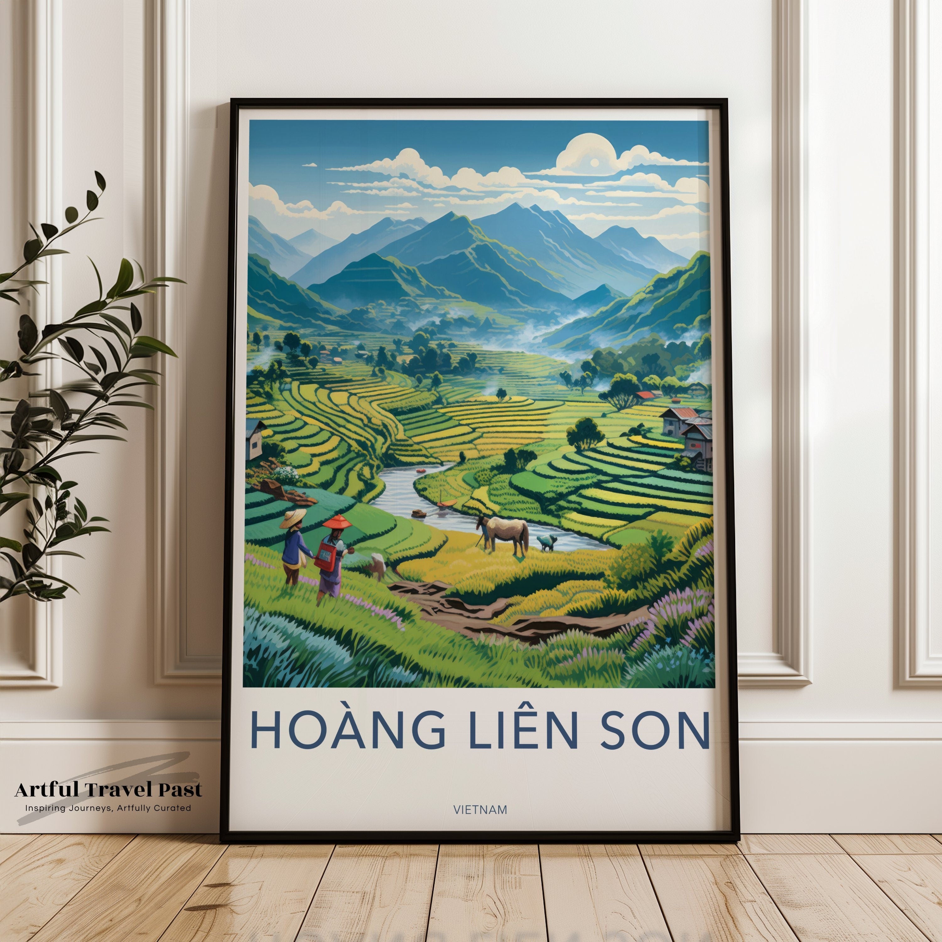 Southeast Asian mountain landscape wall art, Vietnam rice terraces print, pastoral countryside decor, farmer and animals