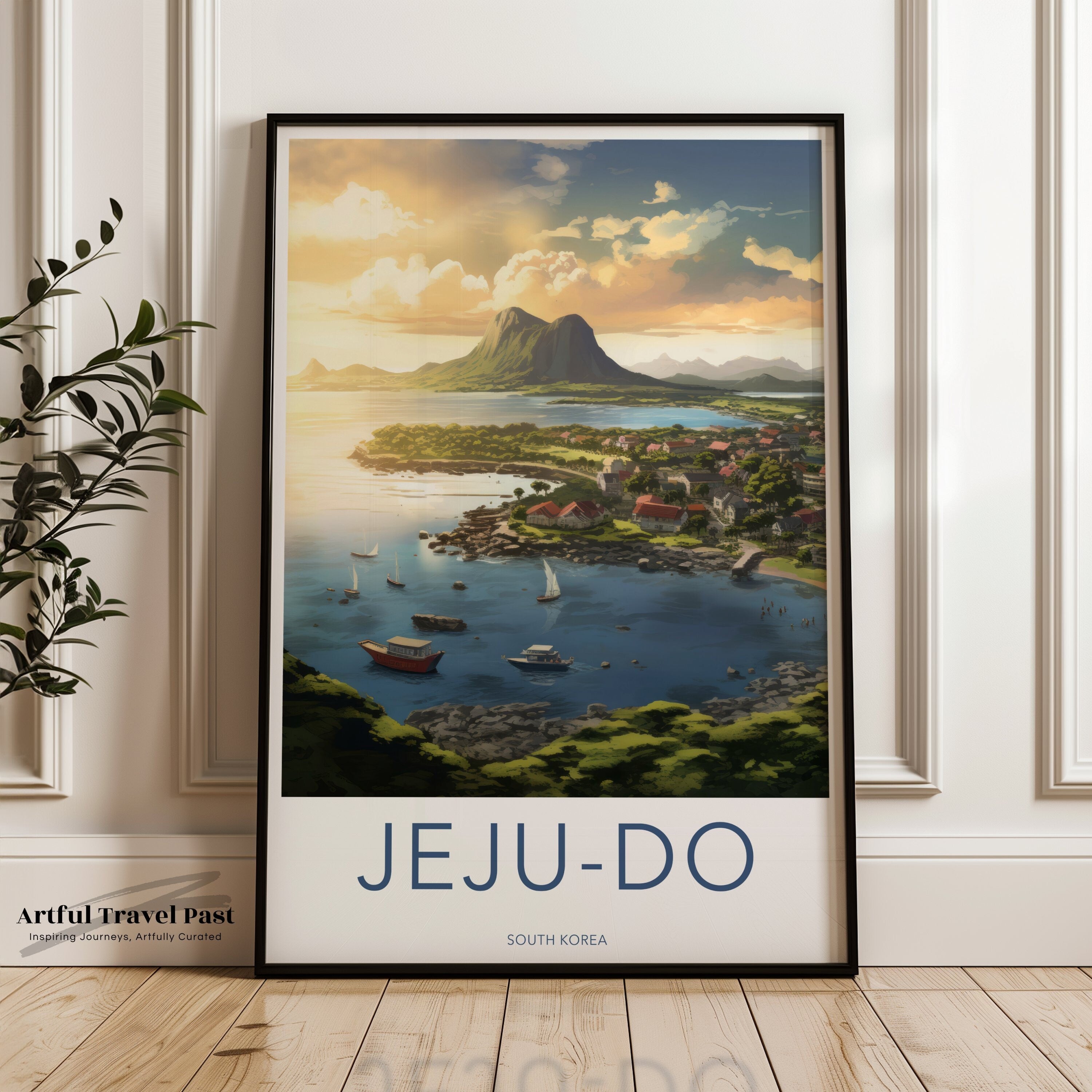 Jeju-Do Wall Art South Korea Landscape Poster, Scenic Ocean View Print, Mountains and Boats Artwork, Beautiful Travel Decor