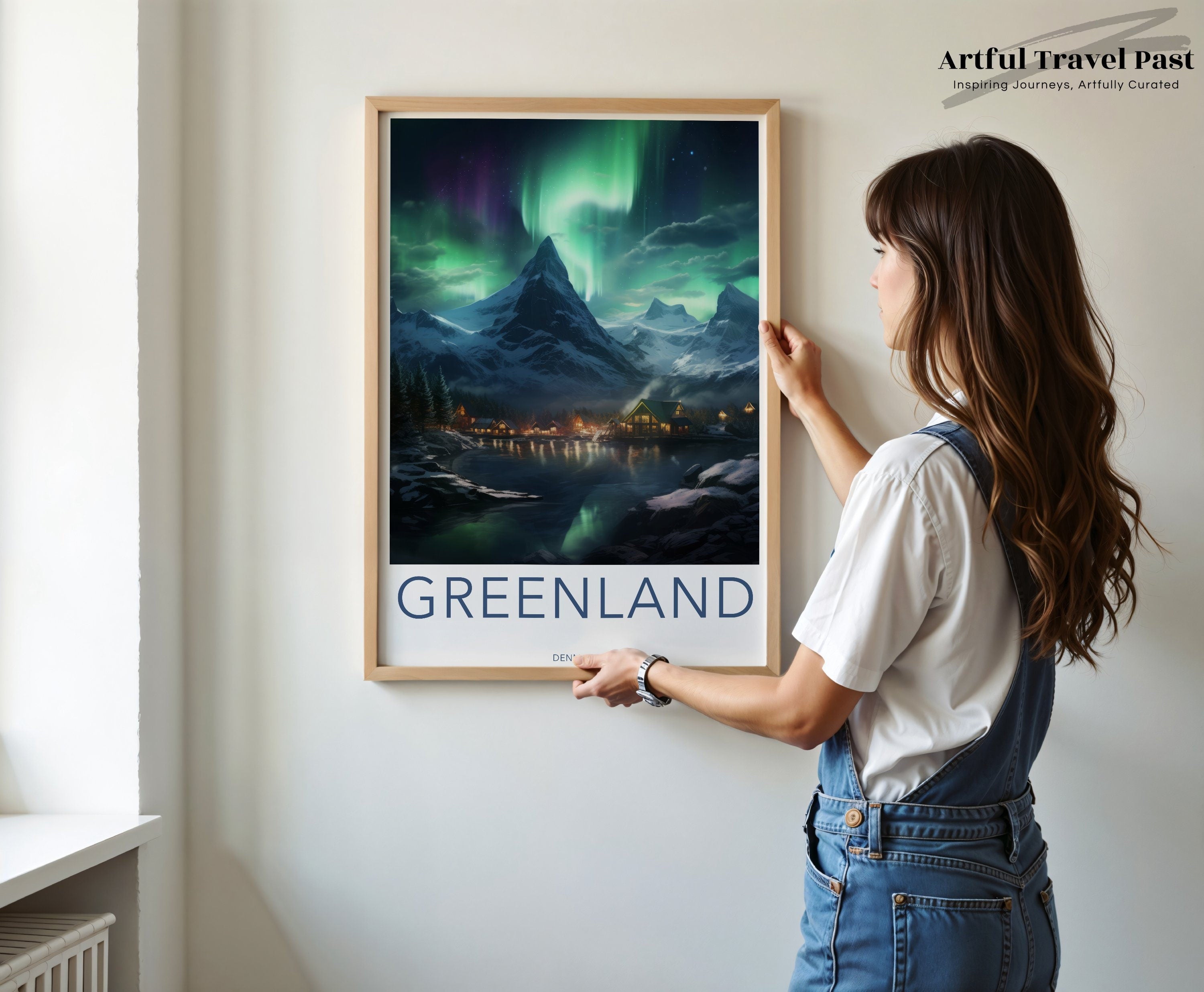 Northern Lights Aurora Borealis Wall Art Print, Greenland Travel Poster, Scenic Mountain Village Night Sky Artwork