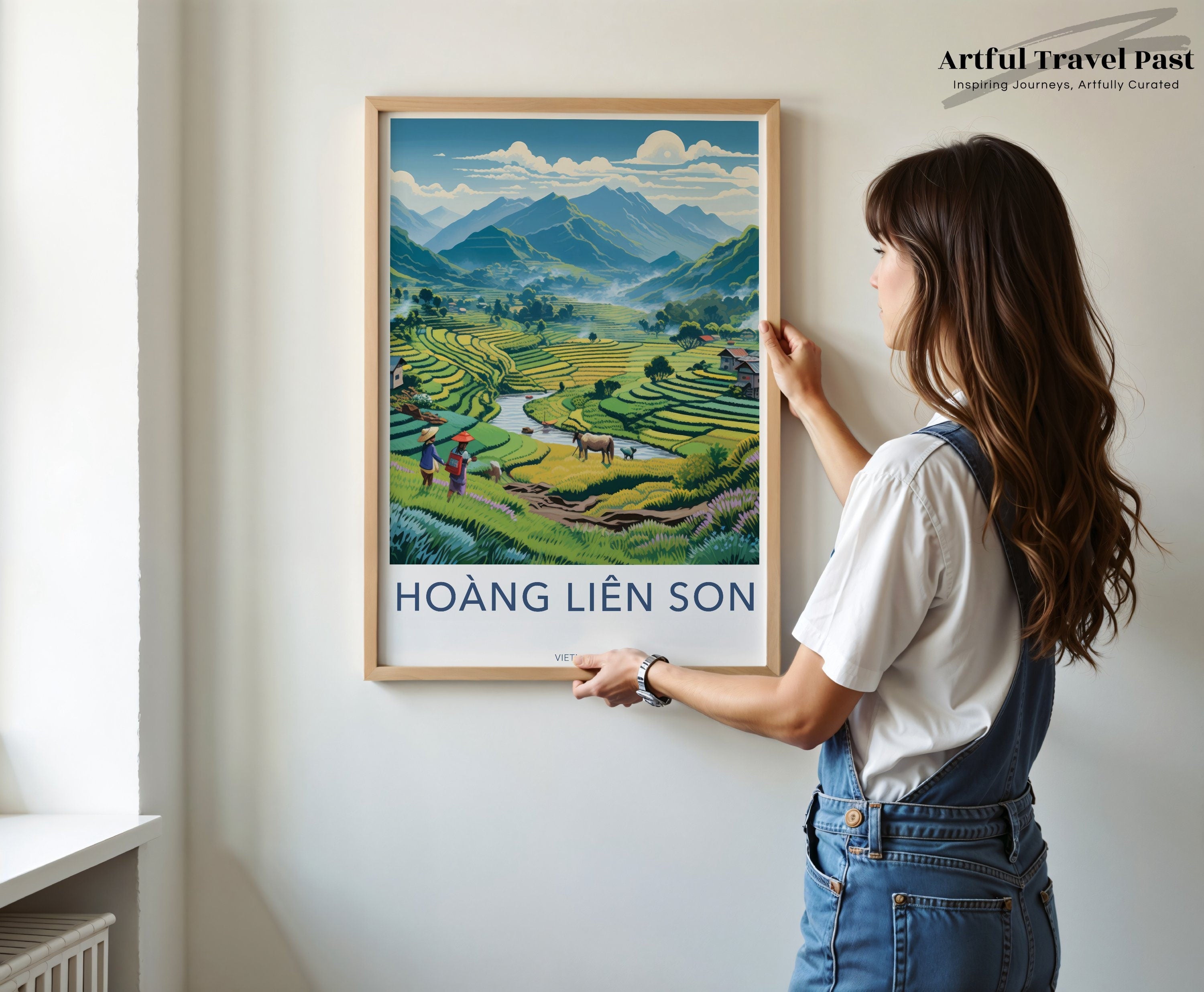 Southeast Asian mountain landscape wall art, Vietnam rice terraces print, pastoral countryside decor, farmer and animals