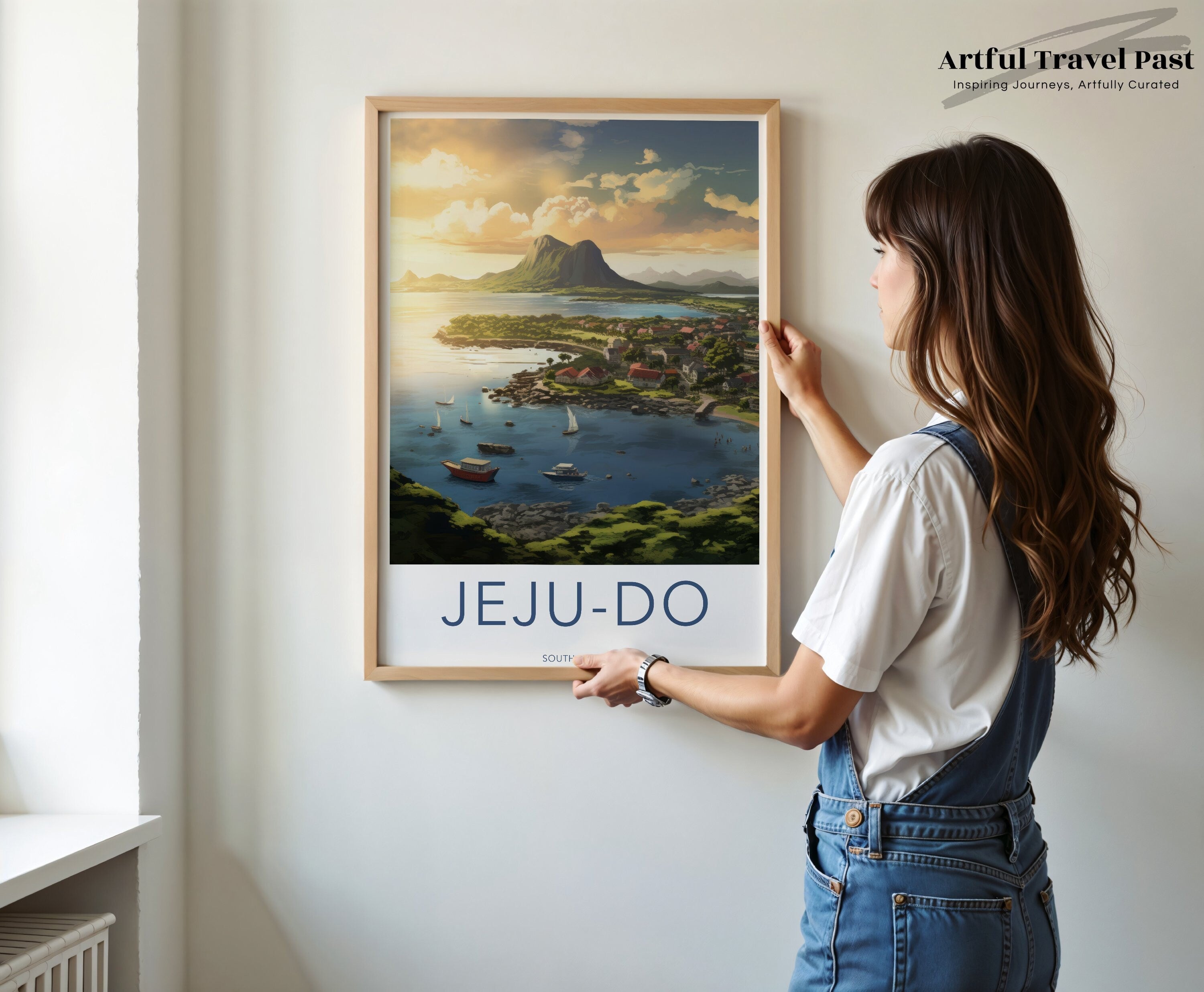 Jeju-Do Wall Art South Korea Landscape Poster, Scenic Ocean View Print, Mountains and Boats Artwork, Beautiful Travel Decor