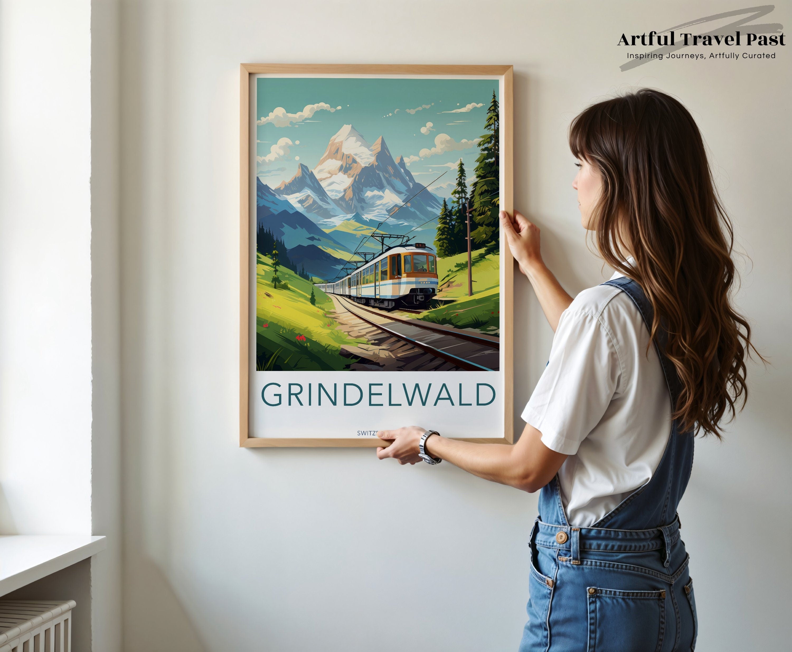 Vintage Grindelwald Travel Poster, Swiss Alps Train Landscape, Retro Wall Art, Switzerland Mountain View Print