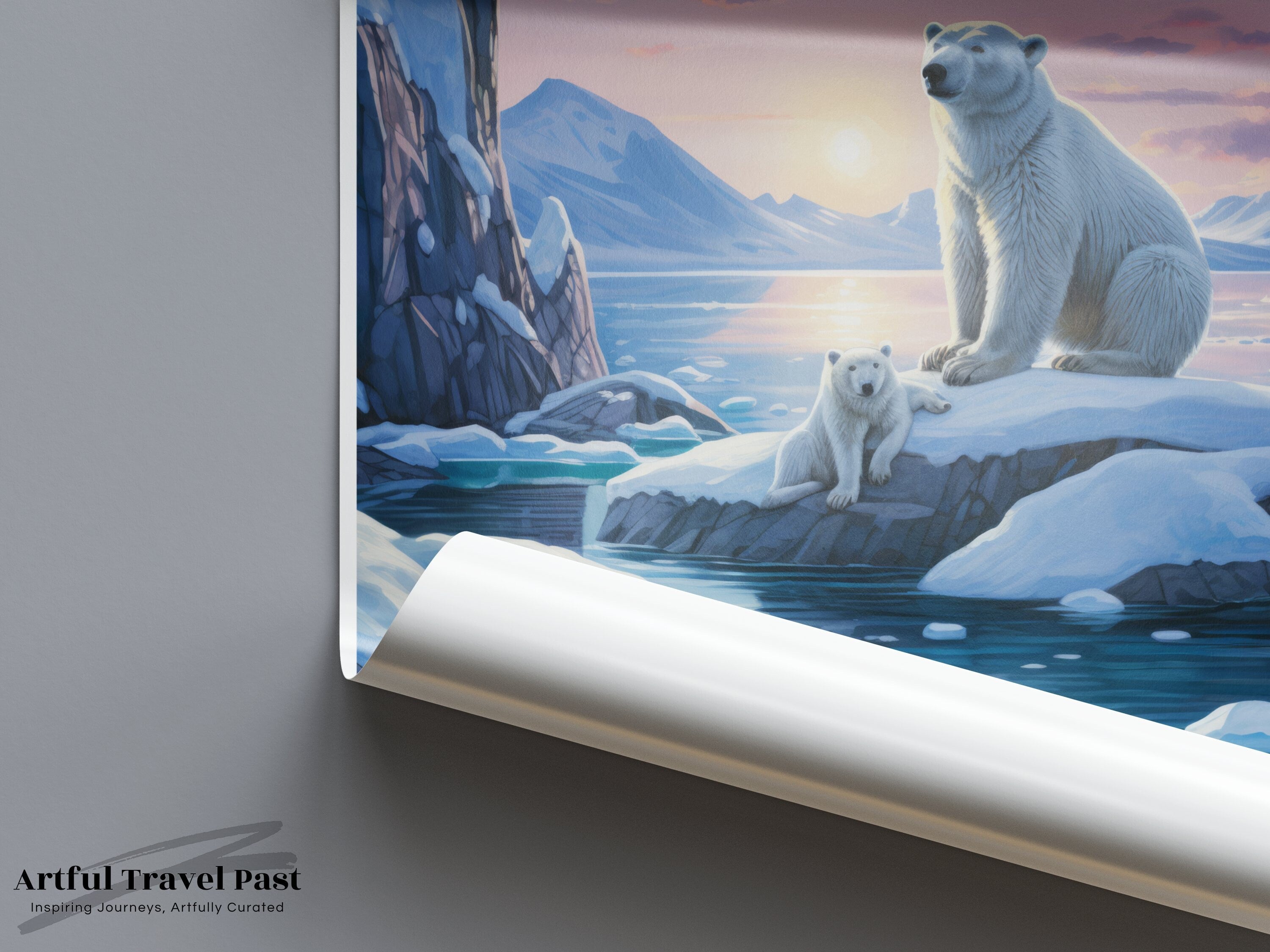 Greenland polar bear wall art, arctic animal print poster, scenic landscape decor, wildlife artwork, nature illustration