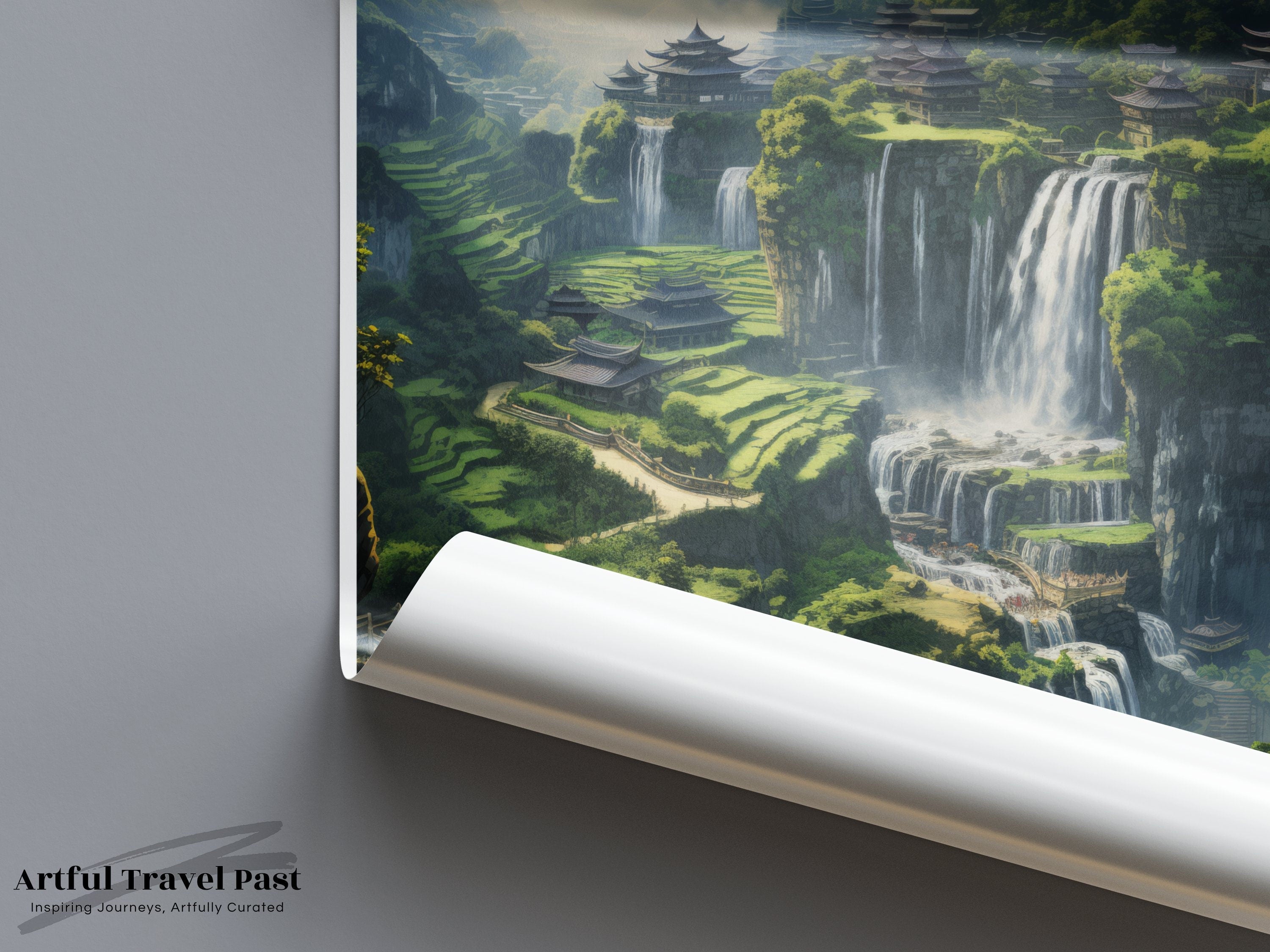 Jiulong Waterfalls Wall Art Print, Nature Landscape Decor, Chinese Scenery Poster, Serene Mountain View, Beautiful Waterfall