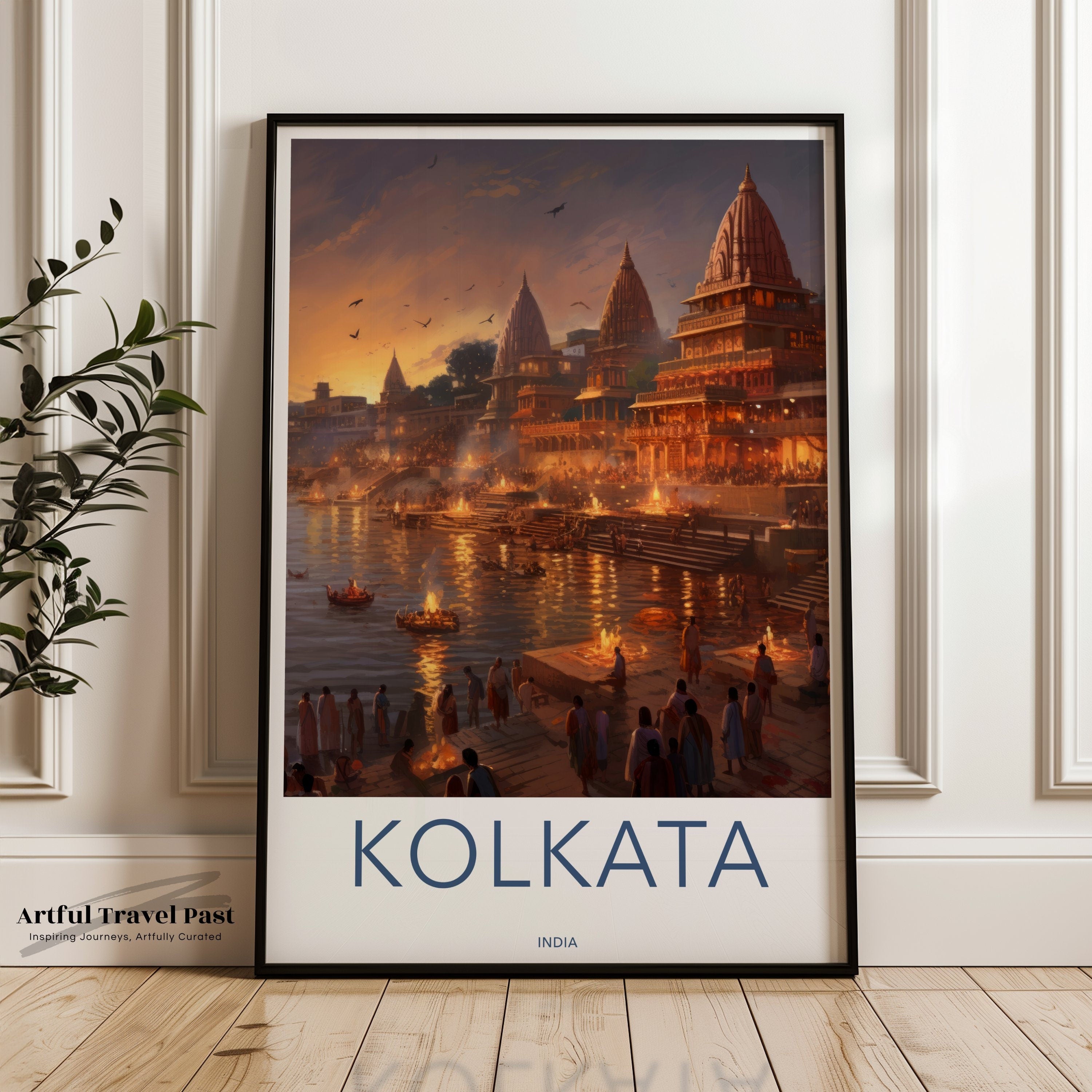 Kolkata sunset landscape wall art, India riverside evening scene, cityscape painting, spiritual journey, serene river view