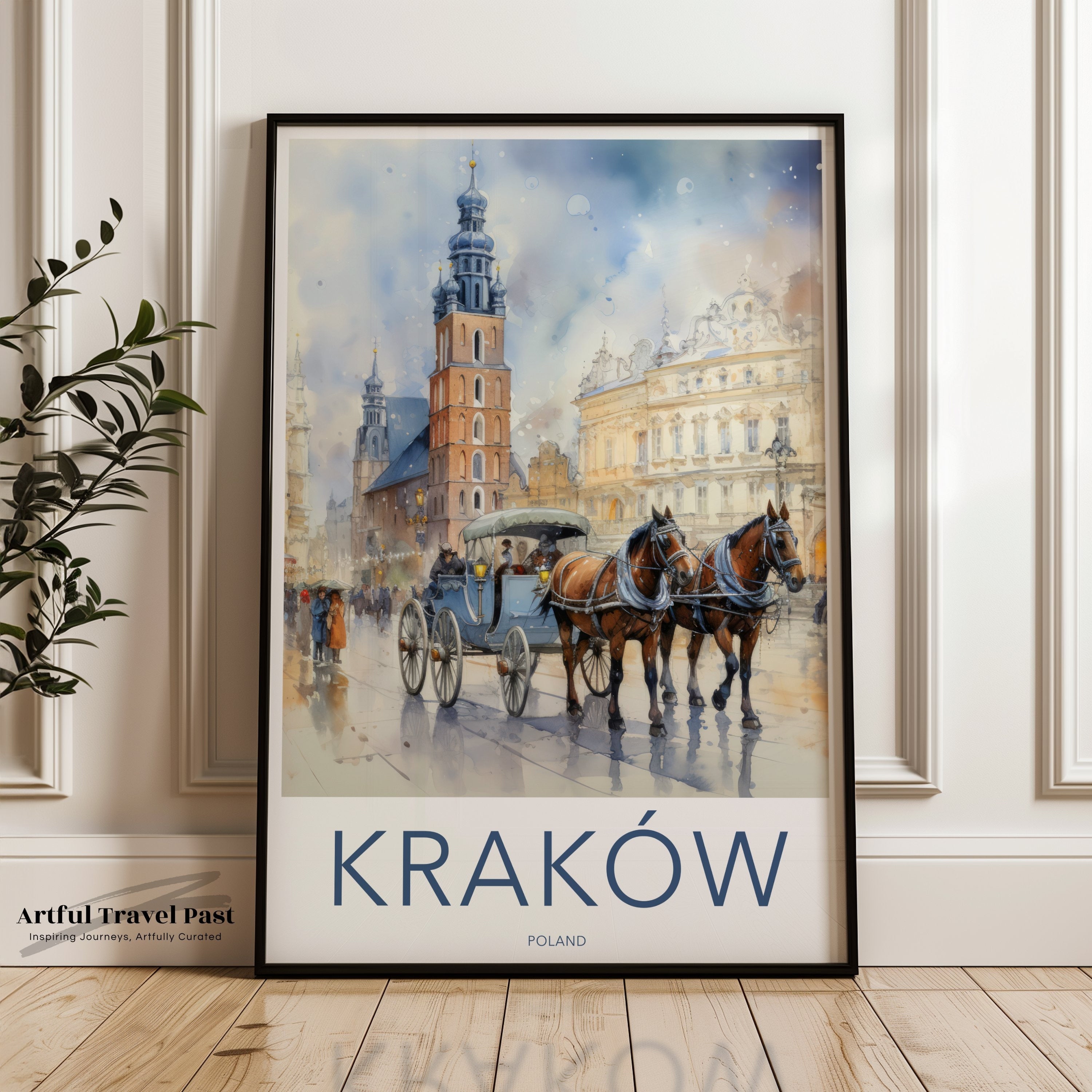 Krakow Wall Art, Poland Cityscape Print, Watercolor Painting, Vintage Horse Carriage, Old Town Street Scene, Travel Poster Decor