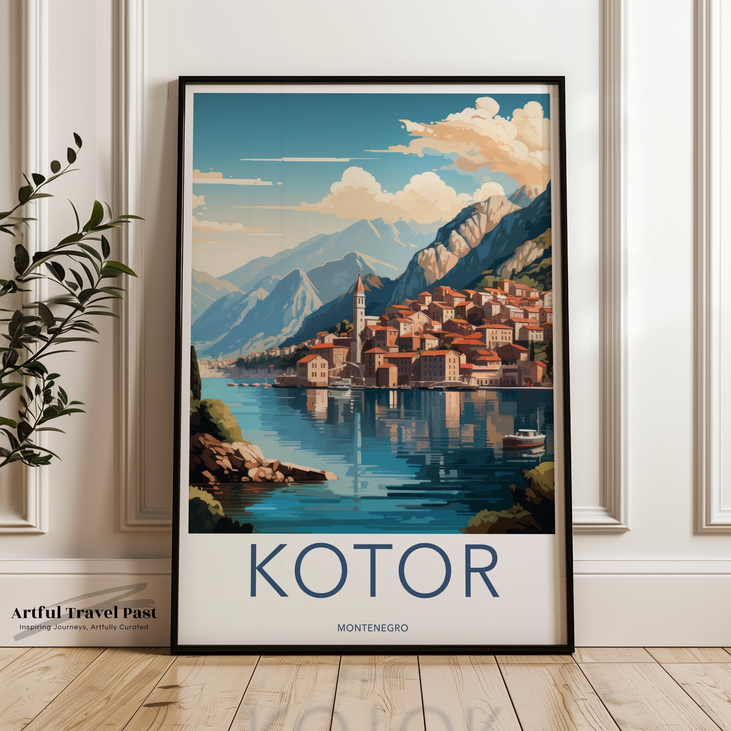 Scenic Kotor Montenegro Wall Art, Coastal Town Landscape Print, Mountainous Backdrop Artwork, Serene Waters and Architecture