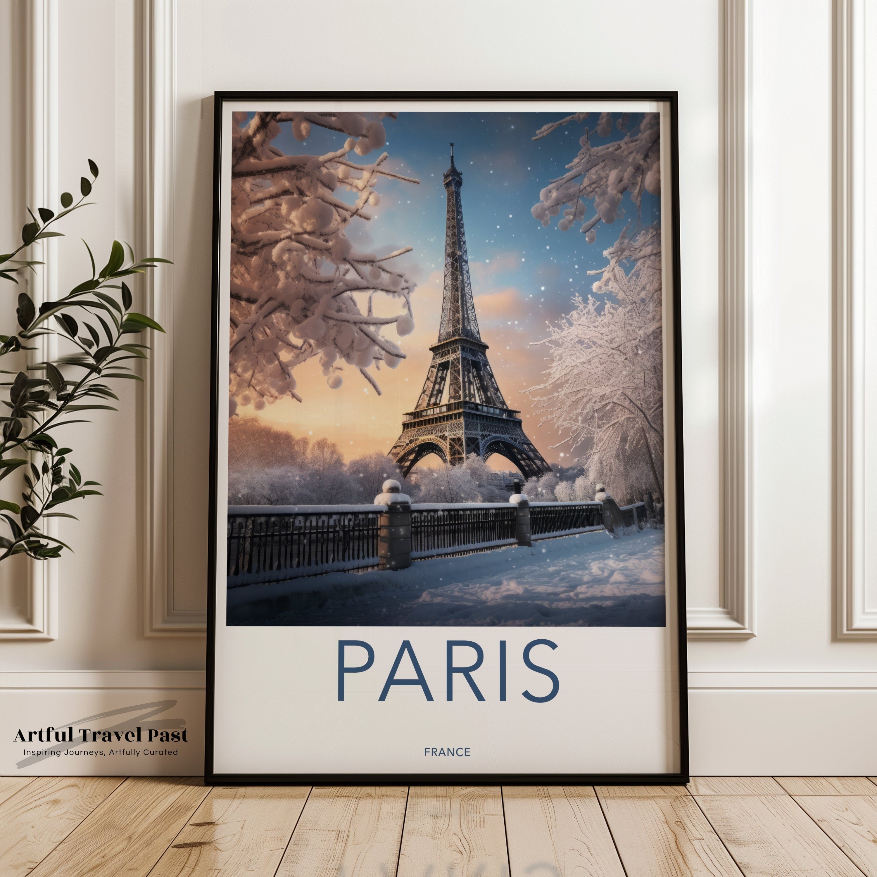 Paris Eiffel Tower Winter Snow Scene, Paris France Travel Poster, Paris Wall Art, Paris Landmark Print, Winter Wonderland Decor