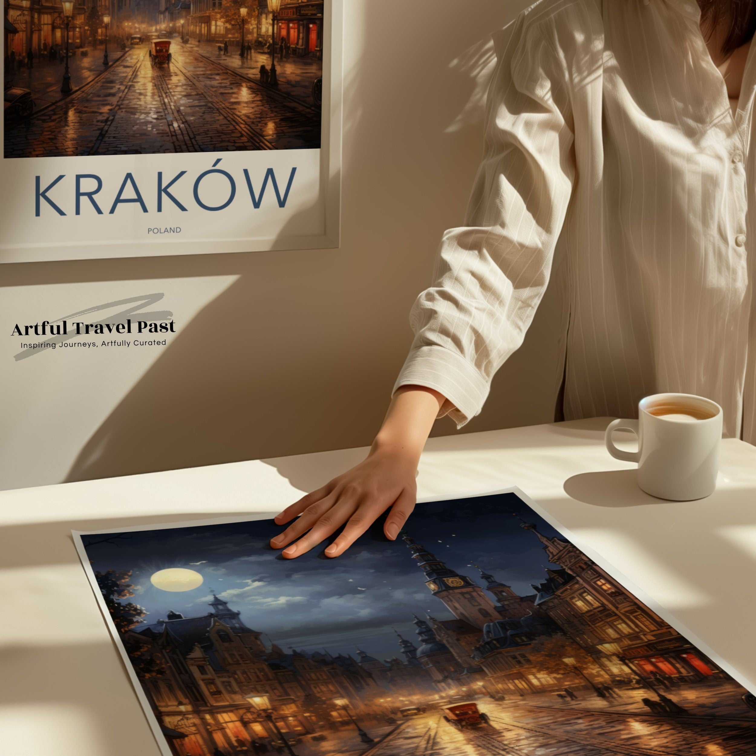 Krakow Night Street Wall Art, Poland Townscape Poster, Nighttime City Scene Print, Illuminated Historic District Decor, Moonlit Art