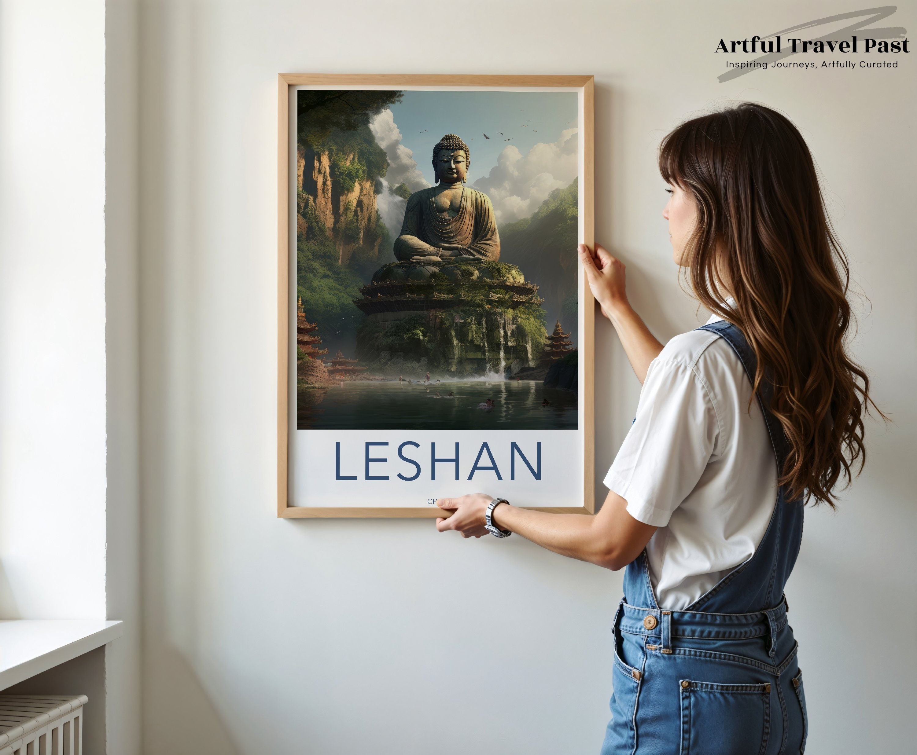 Leshan Wall Art Print, Tranquil Buddha Scenic Poster, Serene Chinese Landmark Decor, Large Zen Buddhist Statue Picture