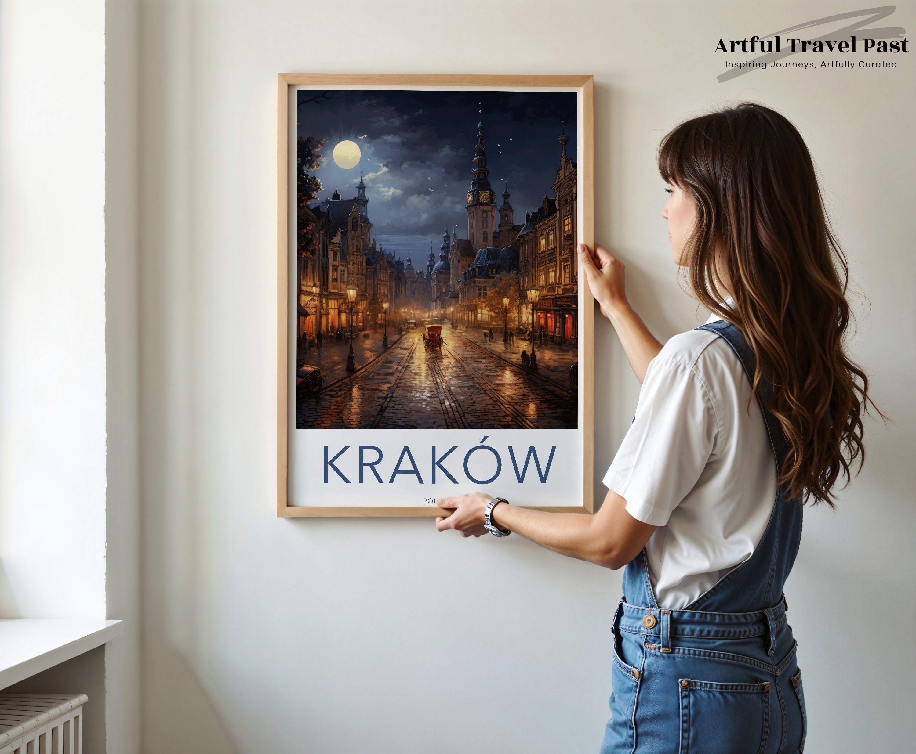 Krakow Night Street Wall Art, Poland Townscape Poster, Nighttime City Scene Print, Illuminated Historic District Decor, Moonlit Art