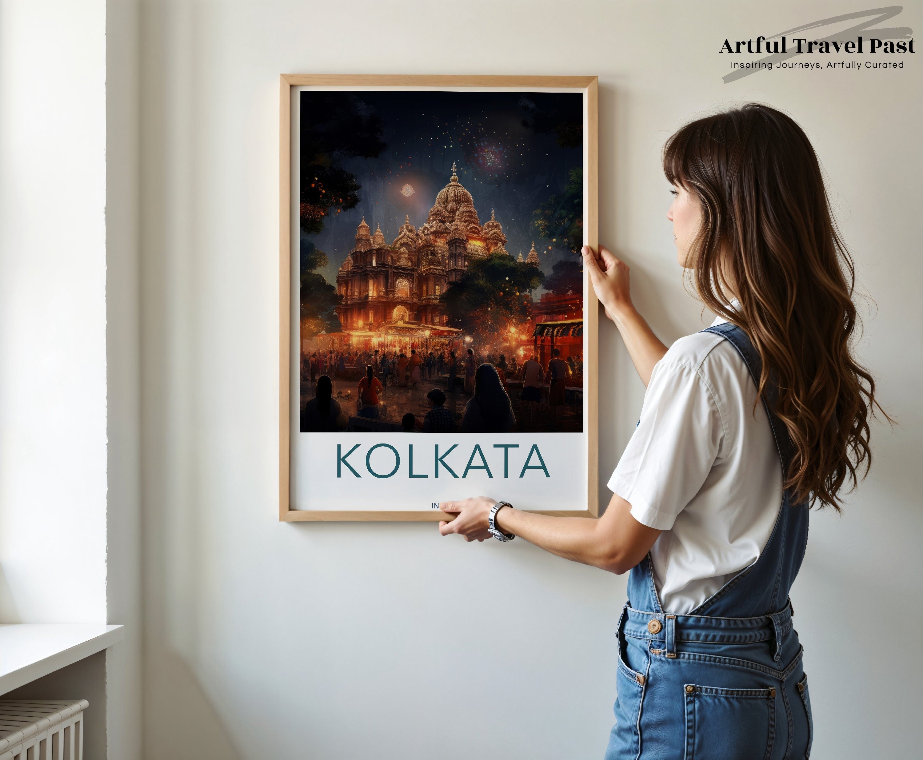 Kolkata India Night Scene Wall Art, Vibrant Cityscape Print, Illuminated Architecture Poster, Fireworks Temple Art Decor