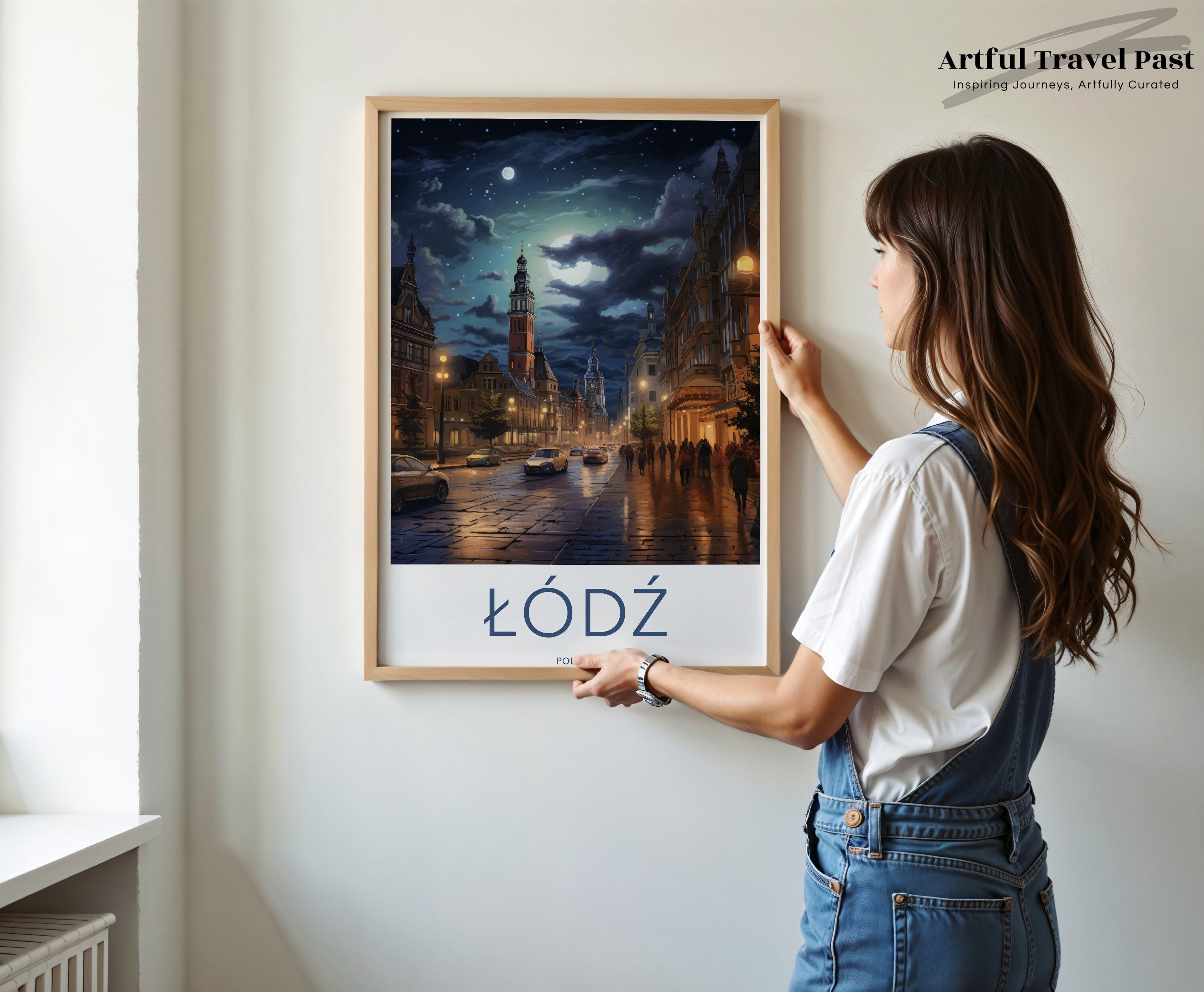 Lodz Poland Wall Art, European Cityscape Poster, Nighttime Street Scene, Urban Architecture Print, Moonlit City View Decor