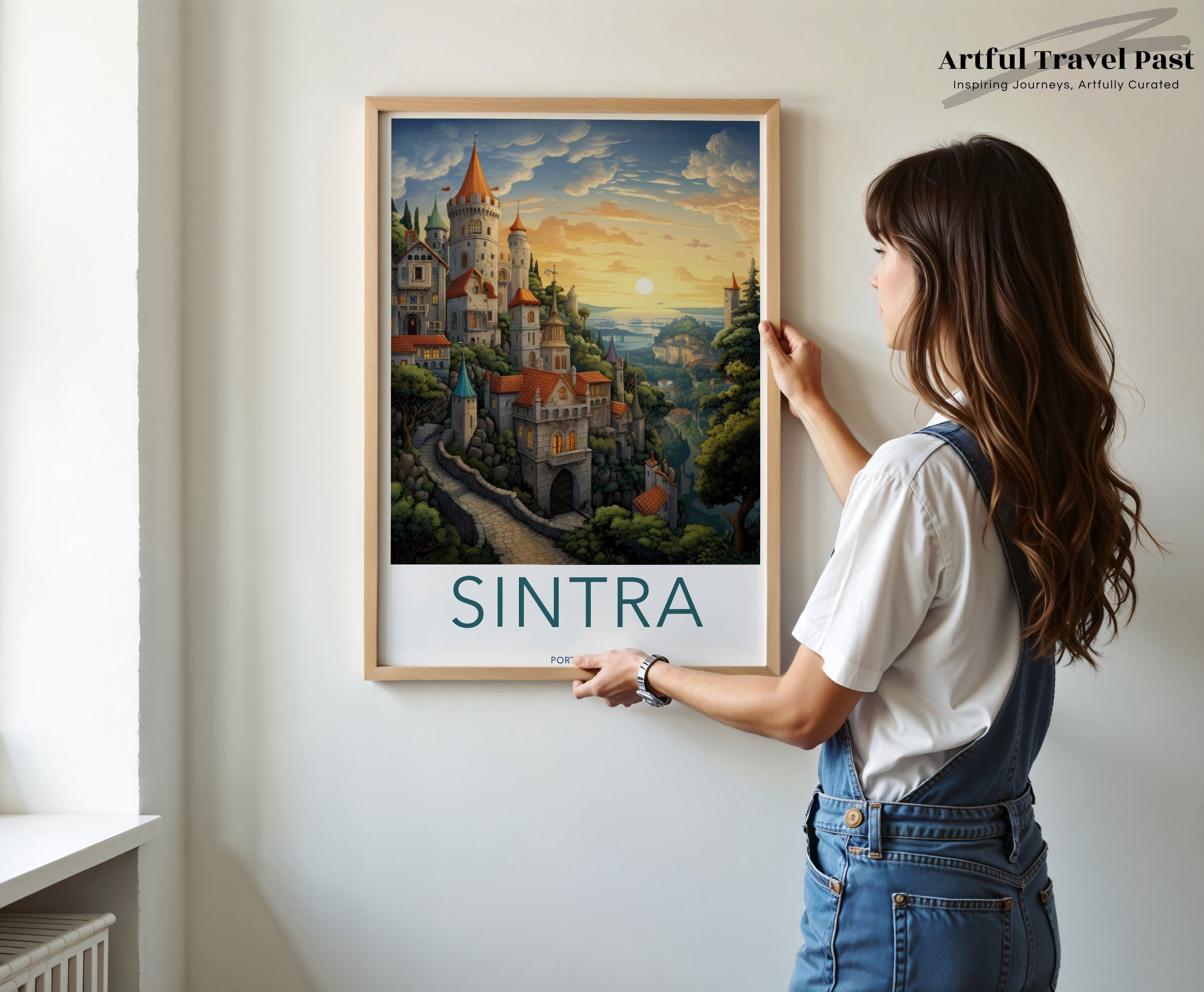 Sintra Portugal Scenic Wall Art Print, Sunset Fantasy Castle Landscape Poster, Dreamy Fairytale Illustration Decor