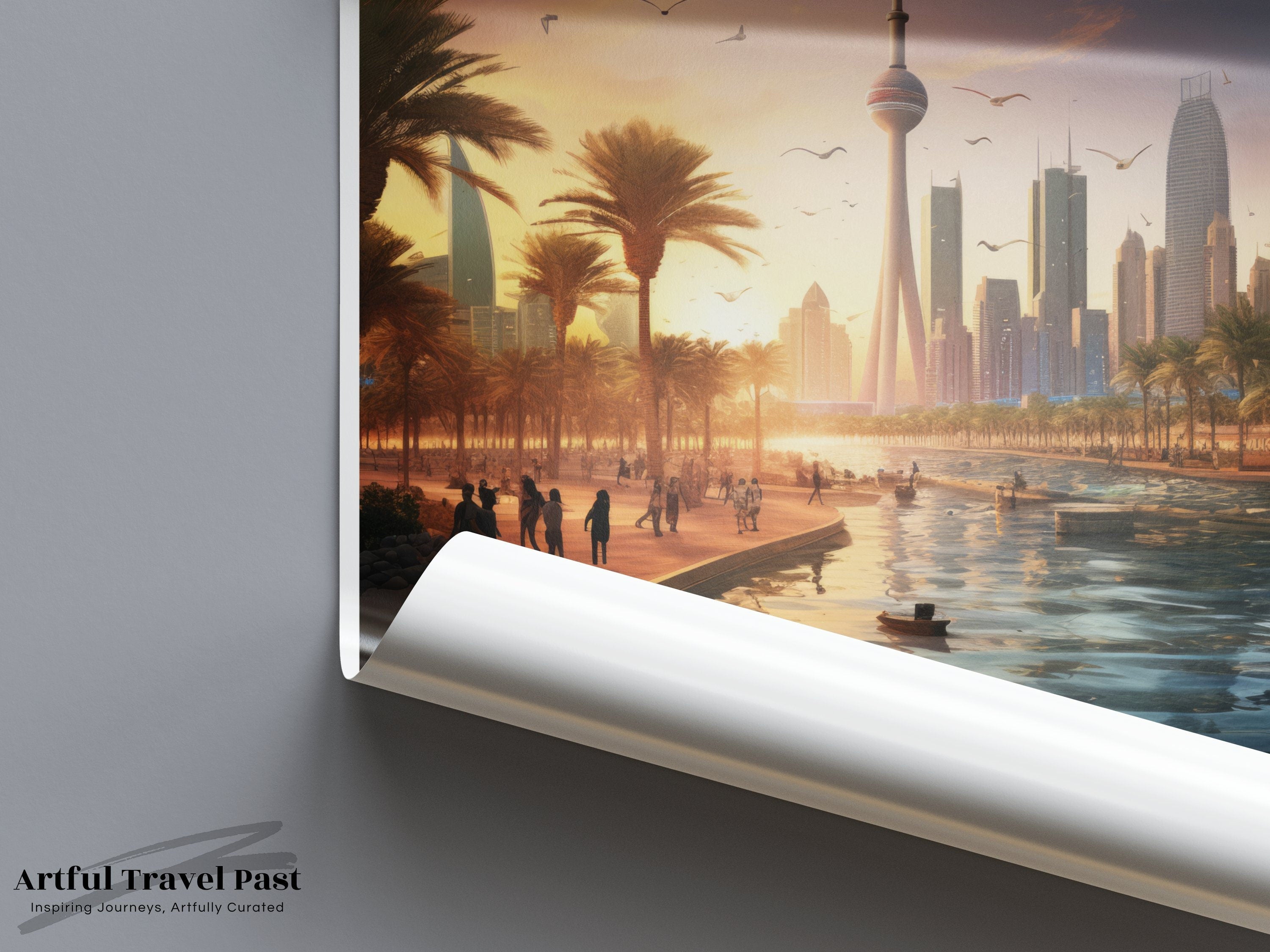 Scenic Kuwait City Wall Art, Modern Urban Skyline Decor, Middle Eastern Cityscape Print, Sunset Coastal View, Artistic Home Decor