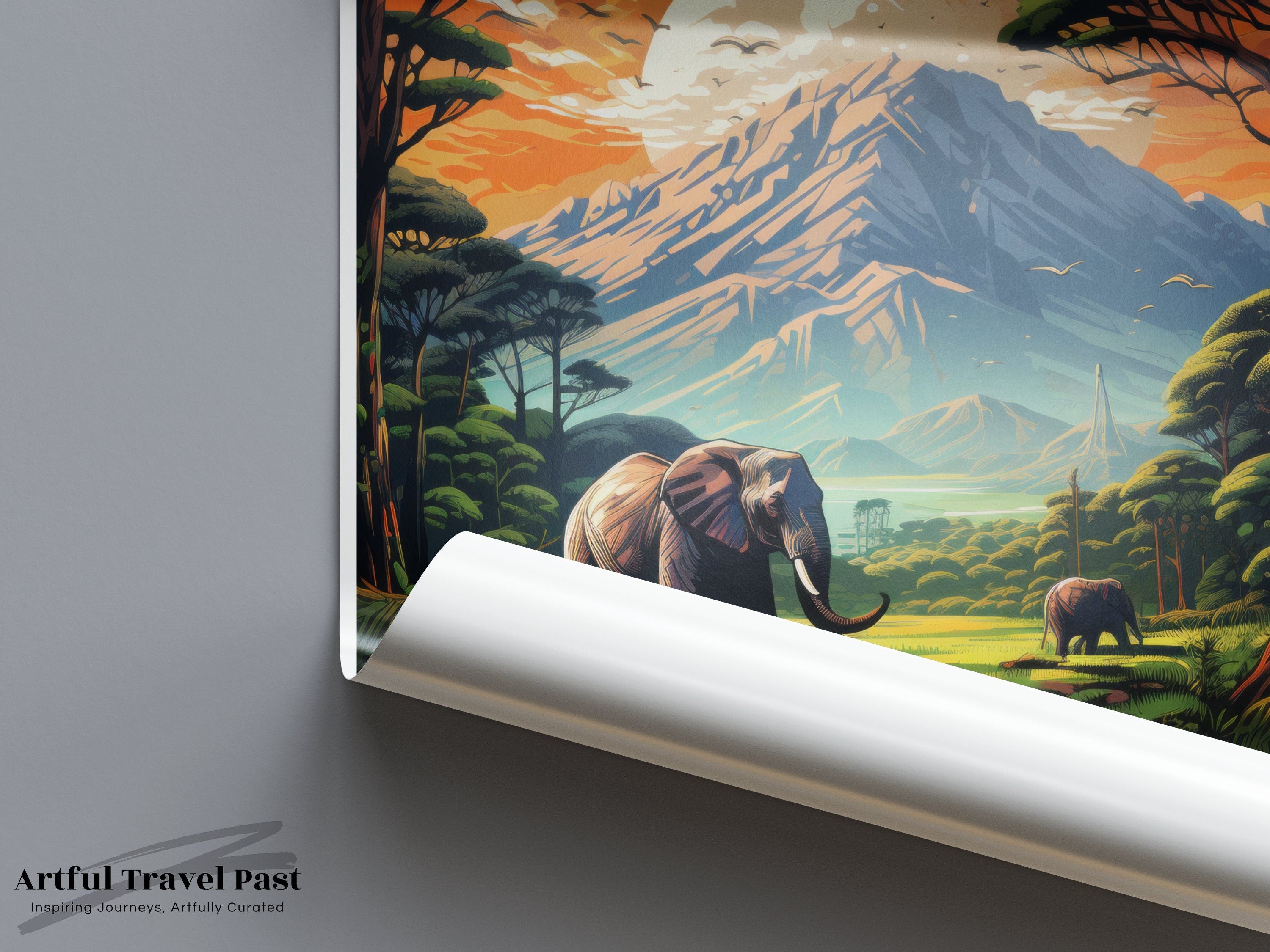 Kilimanjaro Wall Art Print, Tanzania Mountain Landscape Art, African Nature Decor, Elephant Wildlife Poster, Adventure Home Decor