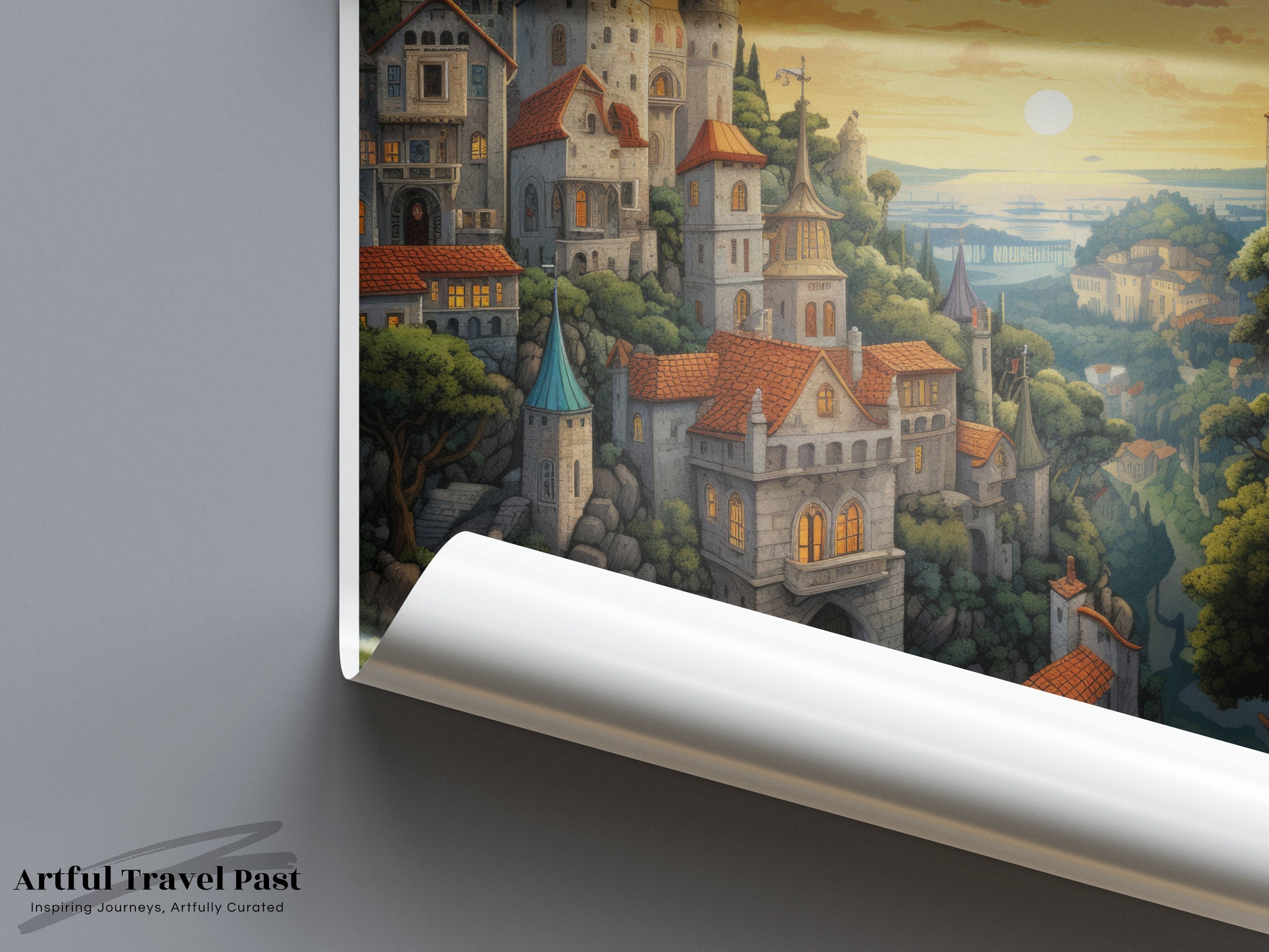 Sintra Portugal Scenic Wall Art Print, Sunset Fantasy Castle Landscape Poster, Dreamy Fairytale Illustration Decor