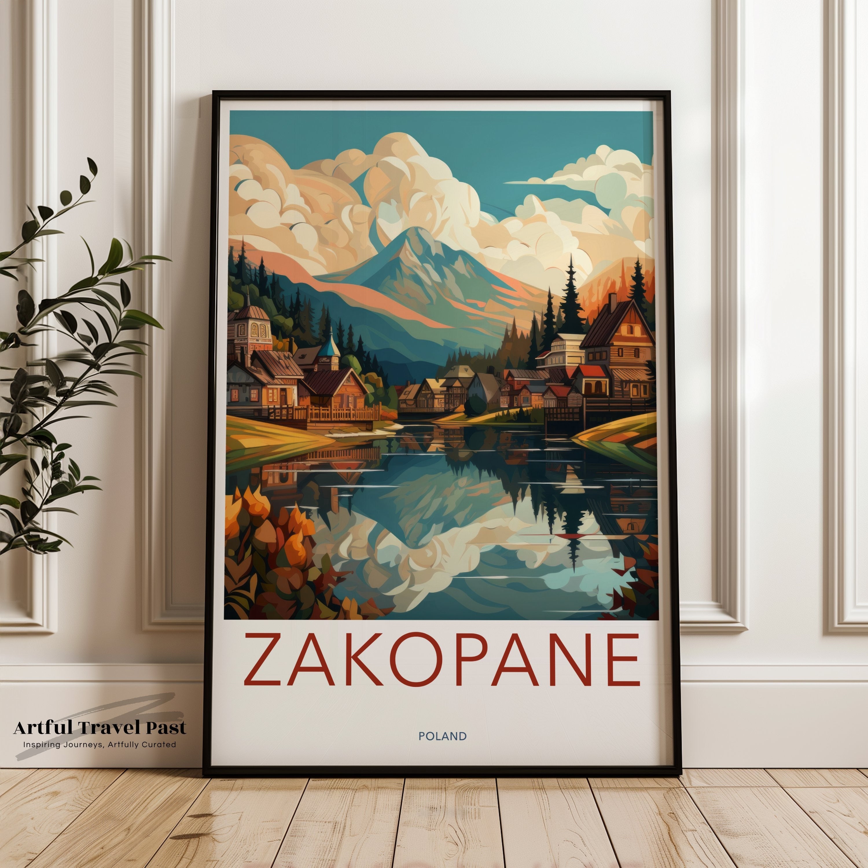 Zakopane Poland Village Landscape Art Print, Mountain Reflection Wall Art, Travel Poster, Nature Illustration, Home Decor