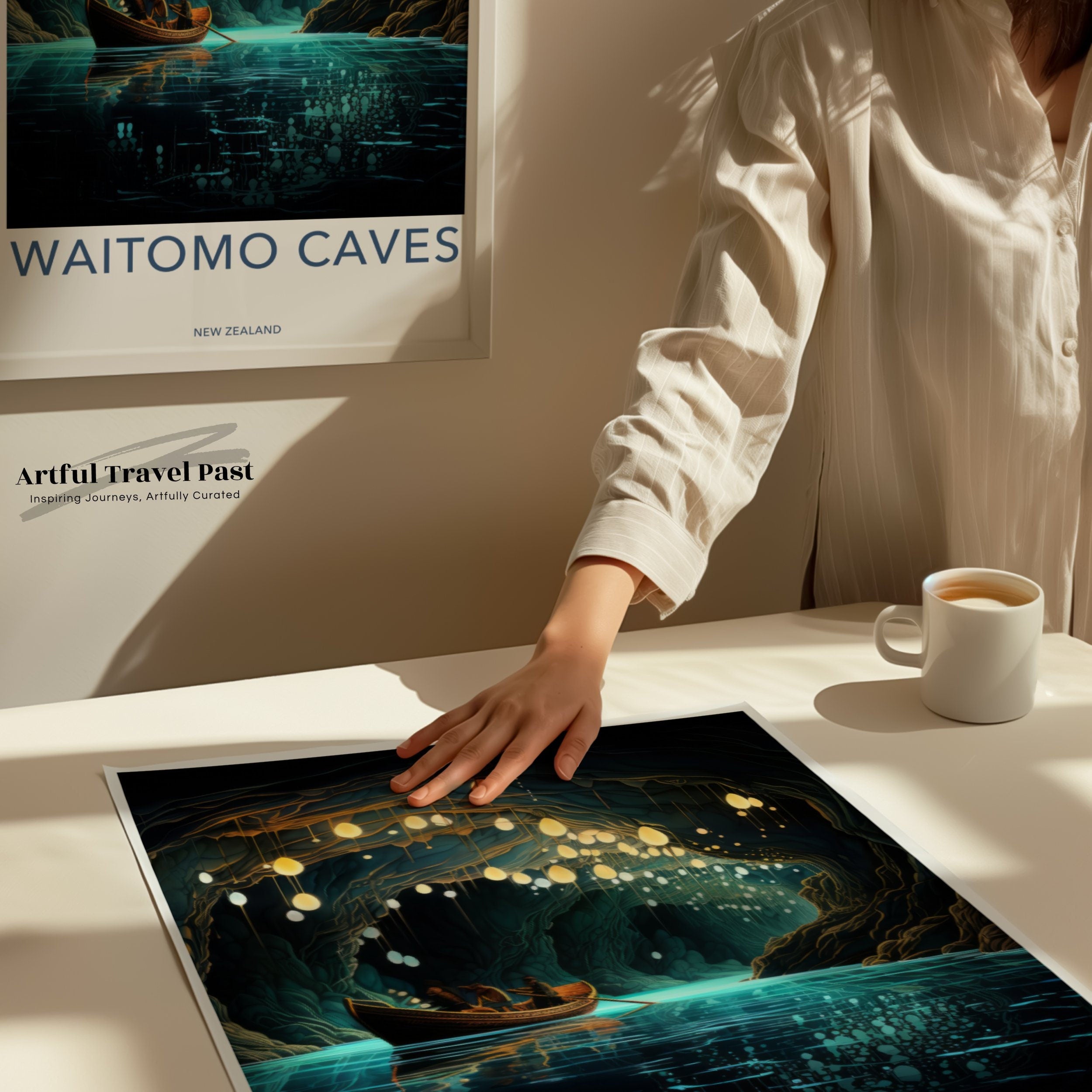 Waitomo Caves Wall Art Print New Zealand Glowworm Cave Decor Boat in Water Scenic Nature Landscape Illustration