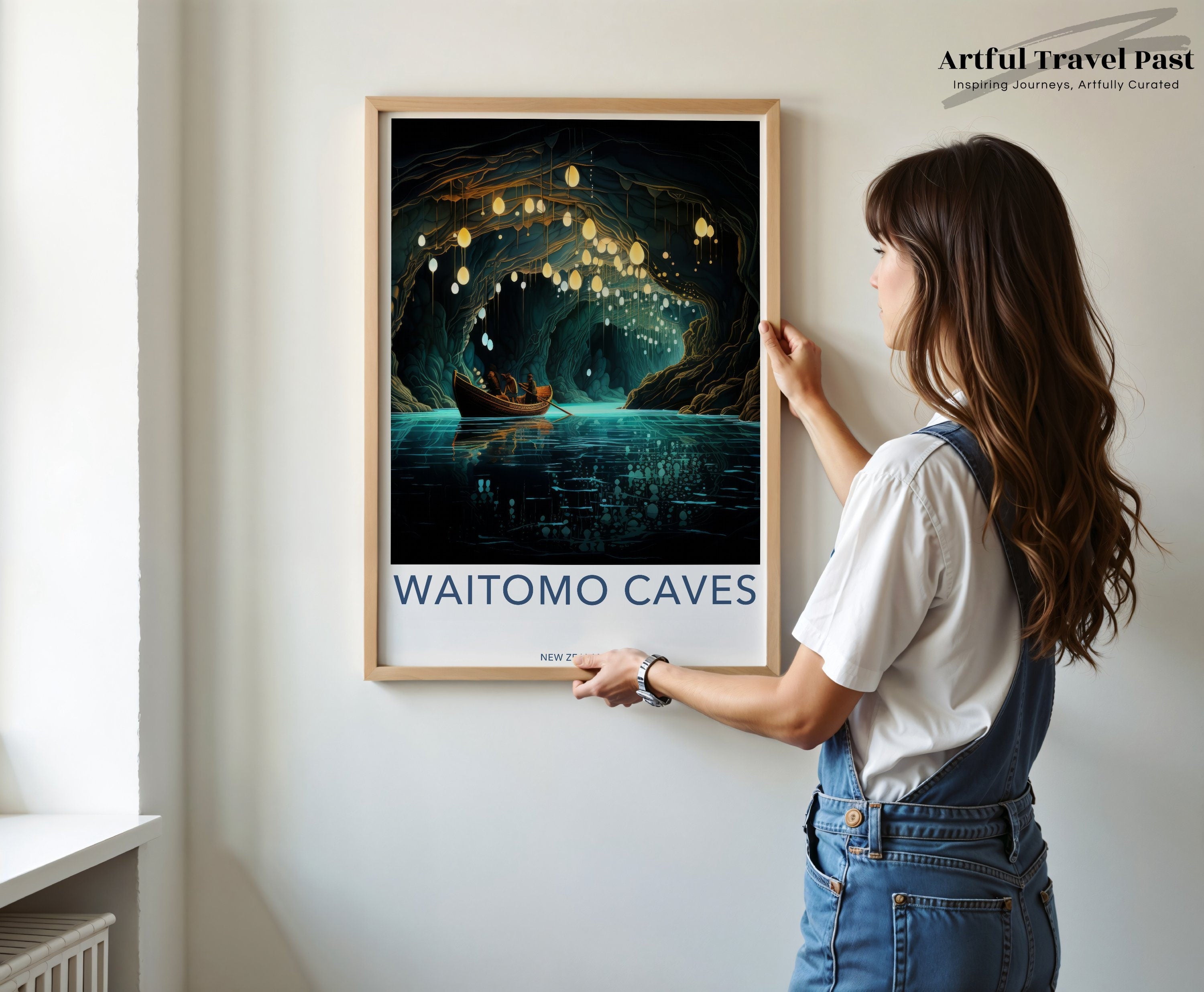 Waitomo Caves Wall Art Print New Zealand Glowworm Cave Decor Boat in Water Scenic Nature Landscape Illustration